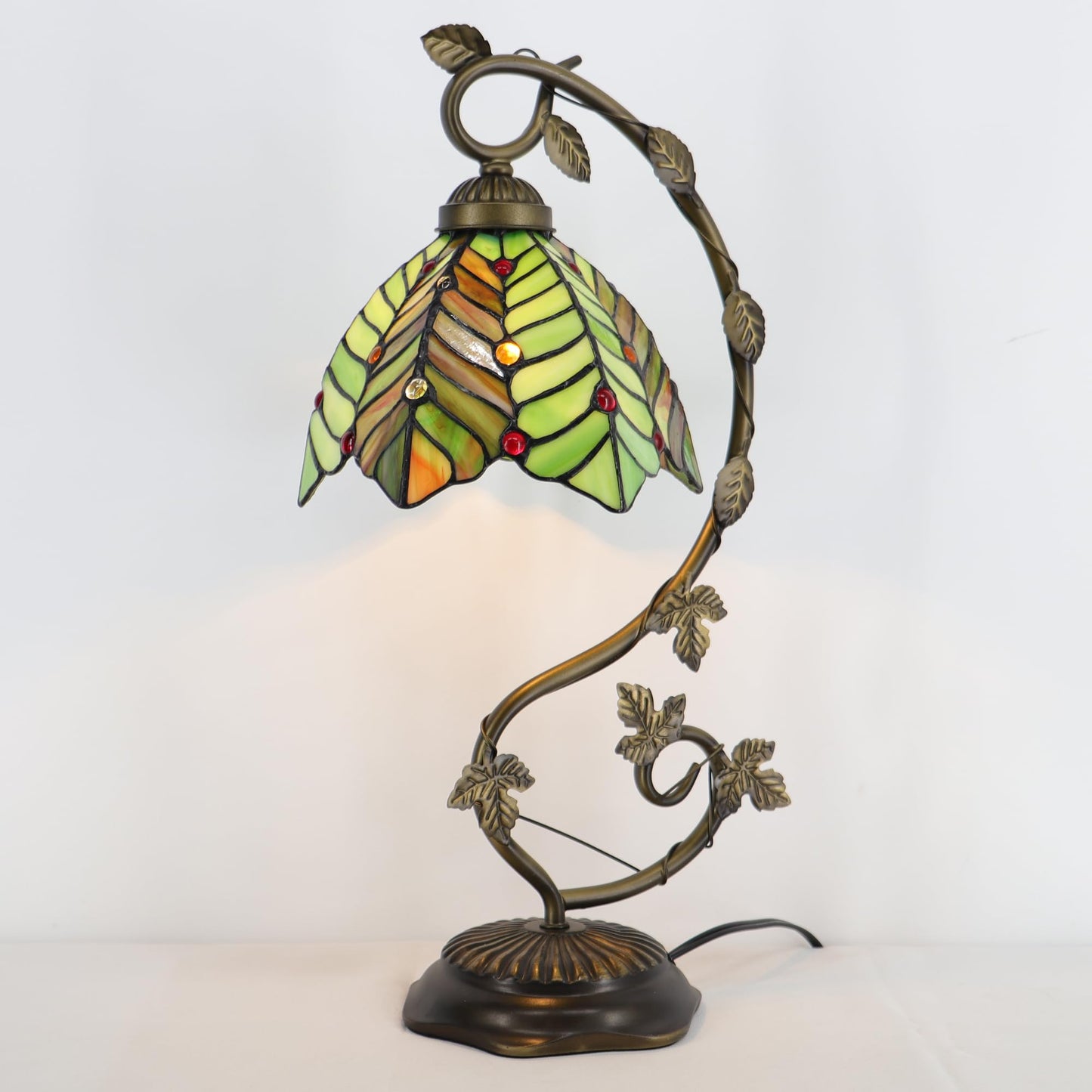 LXHCYOU Tiffany Table Lamp, Stained Glass Desk Light, 8X10X21 Inches, Metal Leaf Base (Brown Green Leaf)