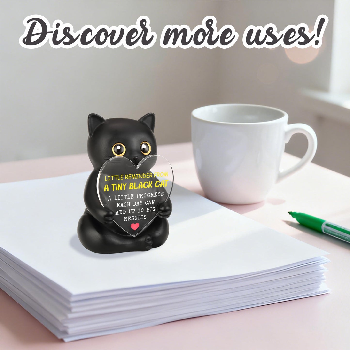 Tiny Black Cat Desk Decor - Encouragement & Motivation Gift for Coworkers, Teachers, Nurses, Friends, Family, Positive Reminder Plaque - Inspirational Gift, Perfect for Office Desk Decor - FDD618
