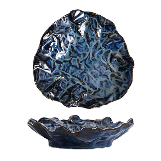 Amitofo 8.8" Medium-sized Ceramic Decorative Bowl 1 Piece - Hand-Kneaded Rustic Unique Kiln Transformed Serving Dish for Fruit, Salad, Jewelry, or Zen Home Decor (Reactive Glaze Blue)