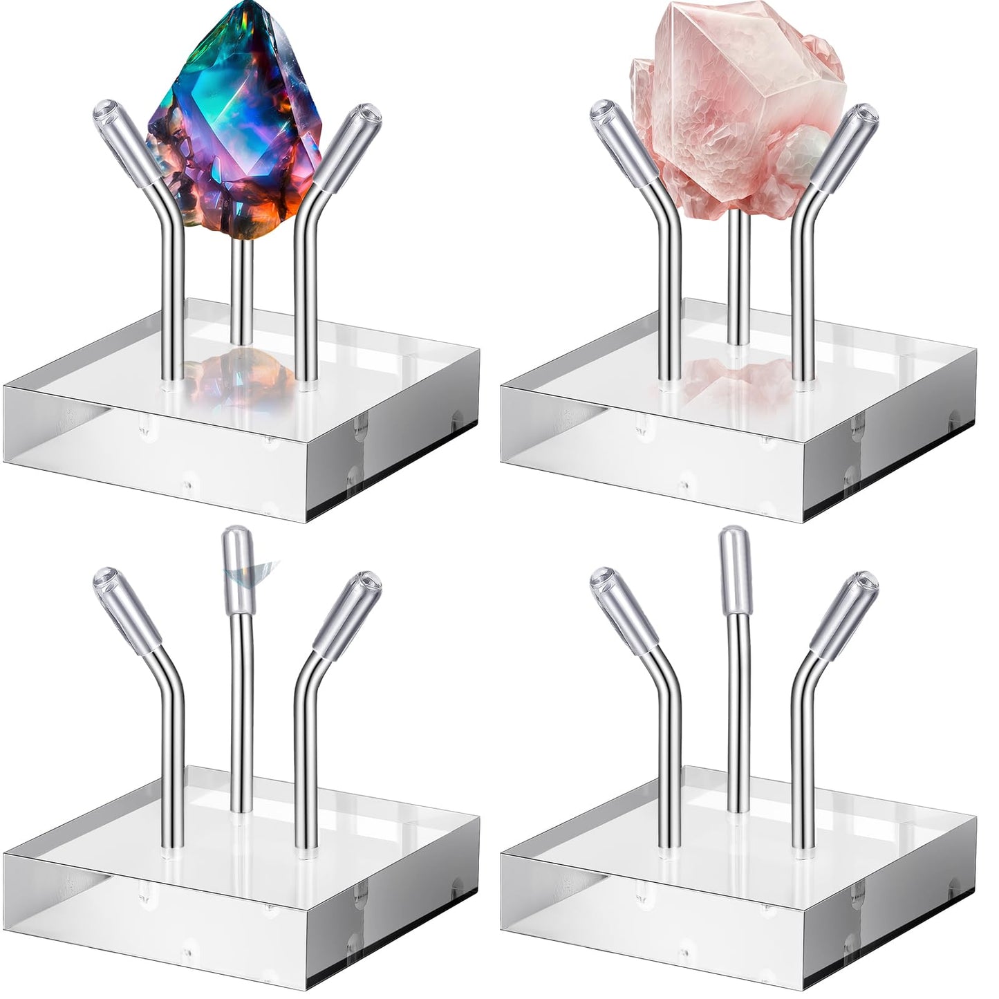 Weysat 4 Pack Clear Acrylic Display Stand, Metal 3 Peg Rock Display Easel Stands for Fossil Coral Crystal Geodes Rock Mineral Agate Small Collectibles Acrylic Holder(2”x2”x2”,Silver)