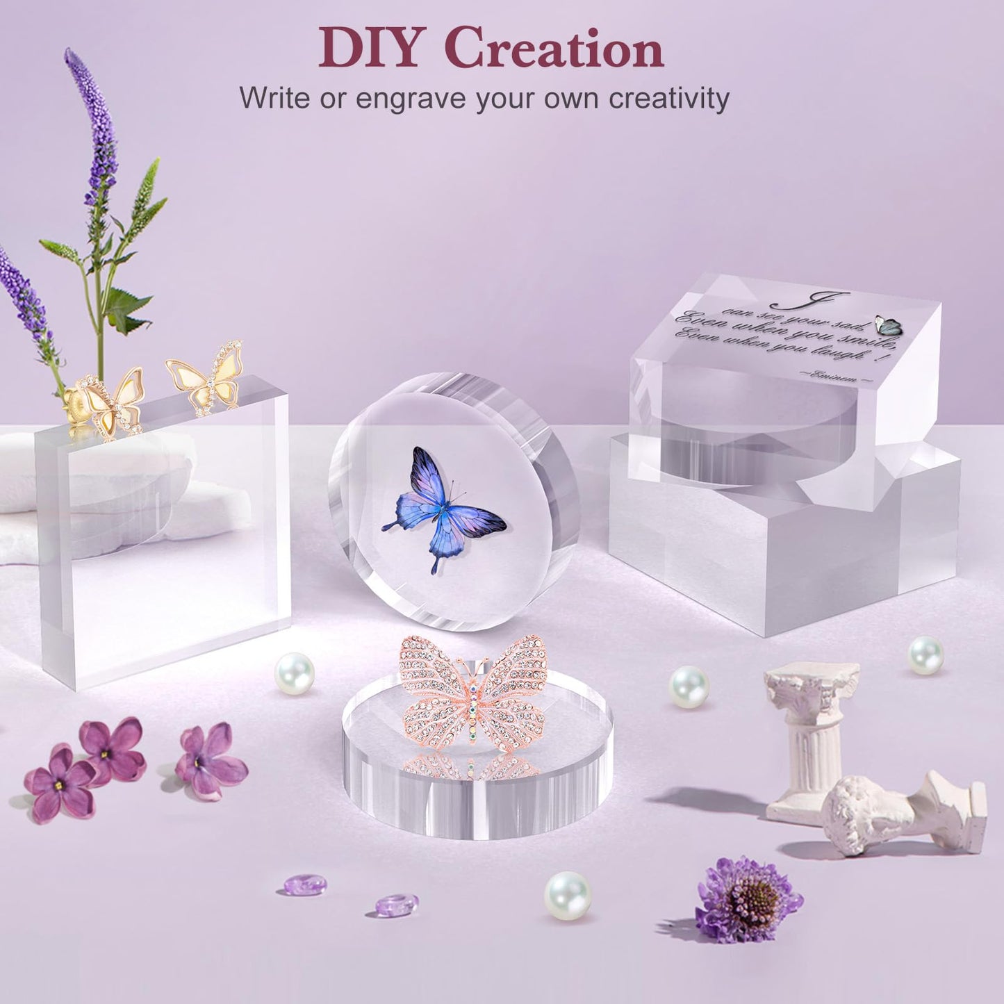 SAMYUCHO Acrylic Base Stand 4 Pieces Acrylic Blocks for Display 4 X 4 X 1 Inch Clear Polished Block Round Cube Riser Display Pedestal Stands for Jewelry Perfume Ring Collection Props Cake