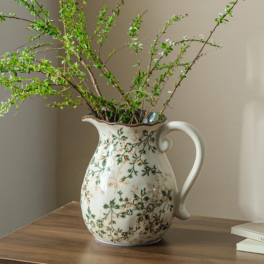 Ceramic Flower Vase | Green Rustic Farmhouse Pitcher Vase for Home Decor, Vintage Floral Tuscan Decorative Vase for Living Room & Kitchen, Mantel & Bookshelf, Centerpieces, Entryway, Wedding(8 Inch)