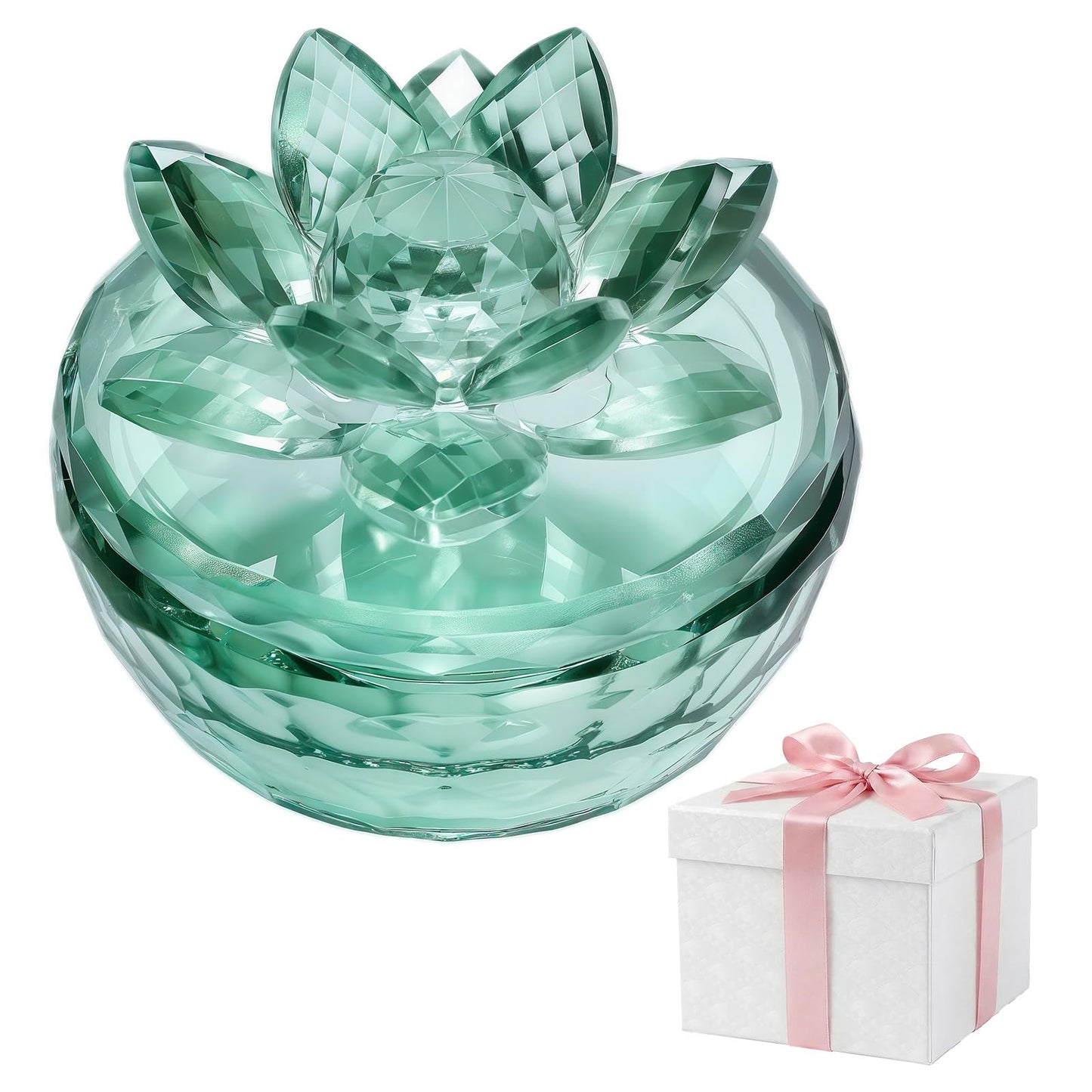 Dounx Crystal Jewelry Box, Small Glass Trinket Jar with Lid, Clear Lotus Flower Storage Holder for Women, Elegant Organizer Dish for Ring, Earrings, Necklace, Gift (Green)