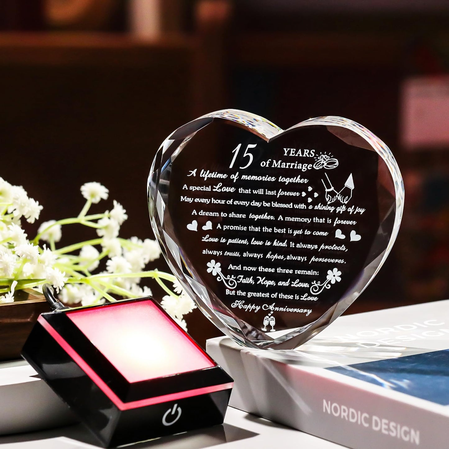 15th Wedding Anniversary Crystal Gifts for Couples with Colorful LED Base,Happy 15th Wedding Anniversary Keepsake Gifts for Her Him, Romantic 15 Years of Marriage Heart Gift for Wife Husband