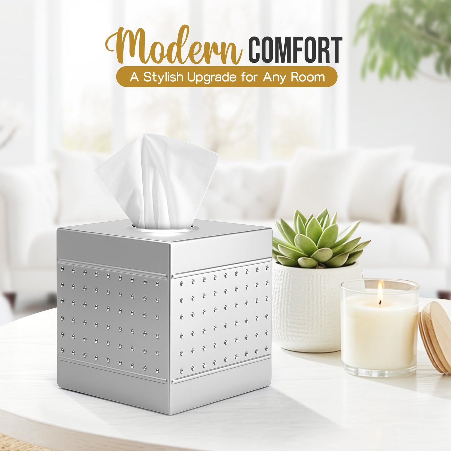 Handmade Metal Tissue Box Cover Square – 5x5x5.25 Inch - Elegant Pewter Tissue Holder – Modern Tissue Cover Box Adds Sleek Style to Bathroom, Bedroom & Office Décor