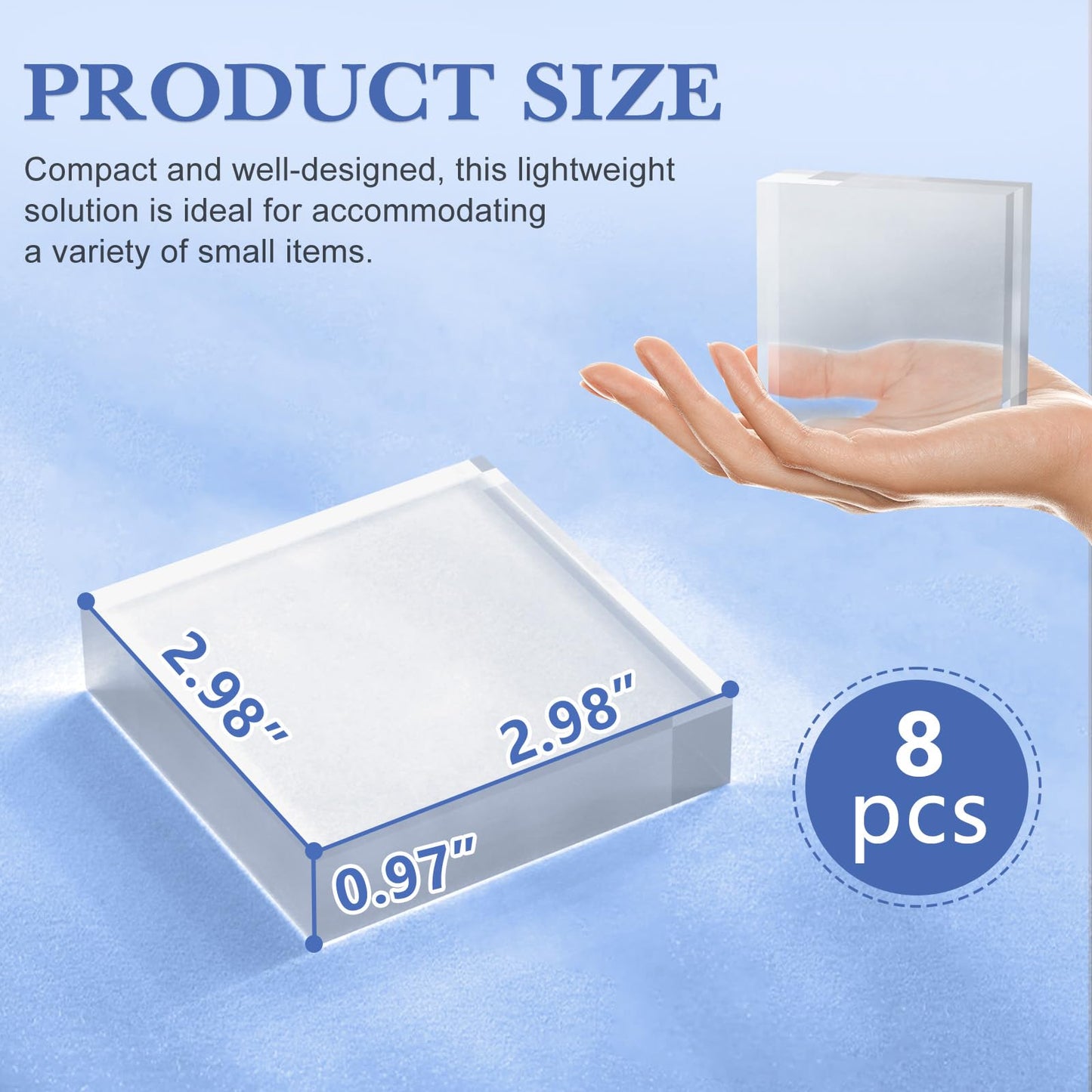 SAMYUCHO Acrylic Blocks 3 X 3 X 1 Inch 8 Pcs Acrylic Base Stand for Display Clear Block Square Riser Display Stands Pedestal Polished Cube for Jewelry trophy Props Collection Ring