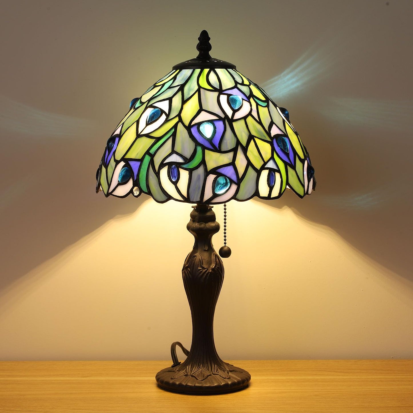 FUMAT Tiffany Table Lamp Blue Phoenix Tail Stained Glass Table Lamps Hand-Made 3 Color Temperature Bedside Nightstand Lamp for Bedroom,Living Room Home Office+LED Bulb,10.1X10.1X17Inch