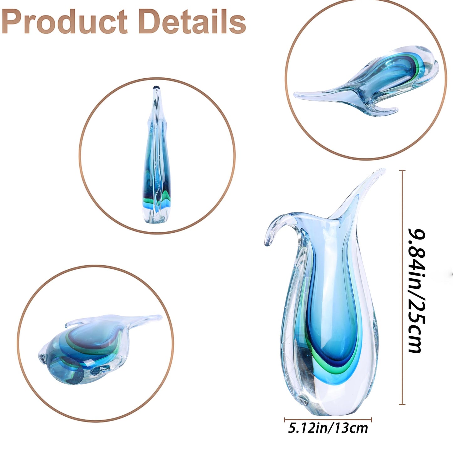 Blown Glass vase, Unique Murano Style Glass Art Deco vase for Living Room TV Stand, Table Setting, Office, Room and Desktop Decorations and Ornaments.