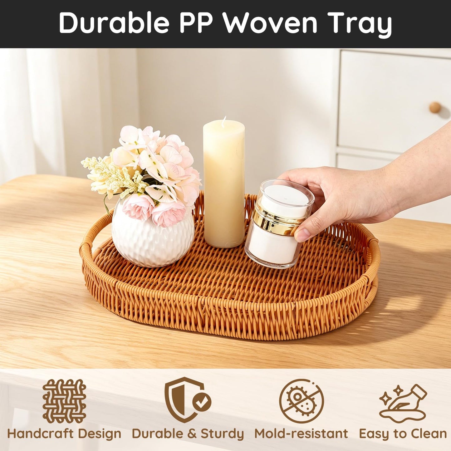 Segbeauty Faux Rattan Bathroom Vanity Tray for Home Decor, 13.8x9.8x1.8in Oval PP Wicker Storage Basket for Guest Towel Paper, Plastic Rattan Serving Woven Tray, Bedroom Basket Organizer with Handles