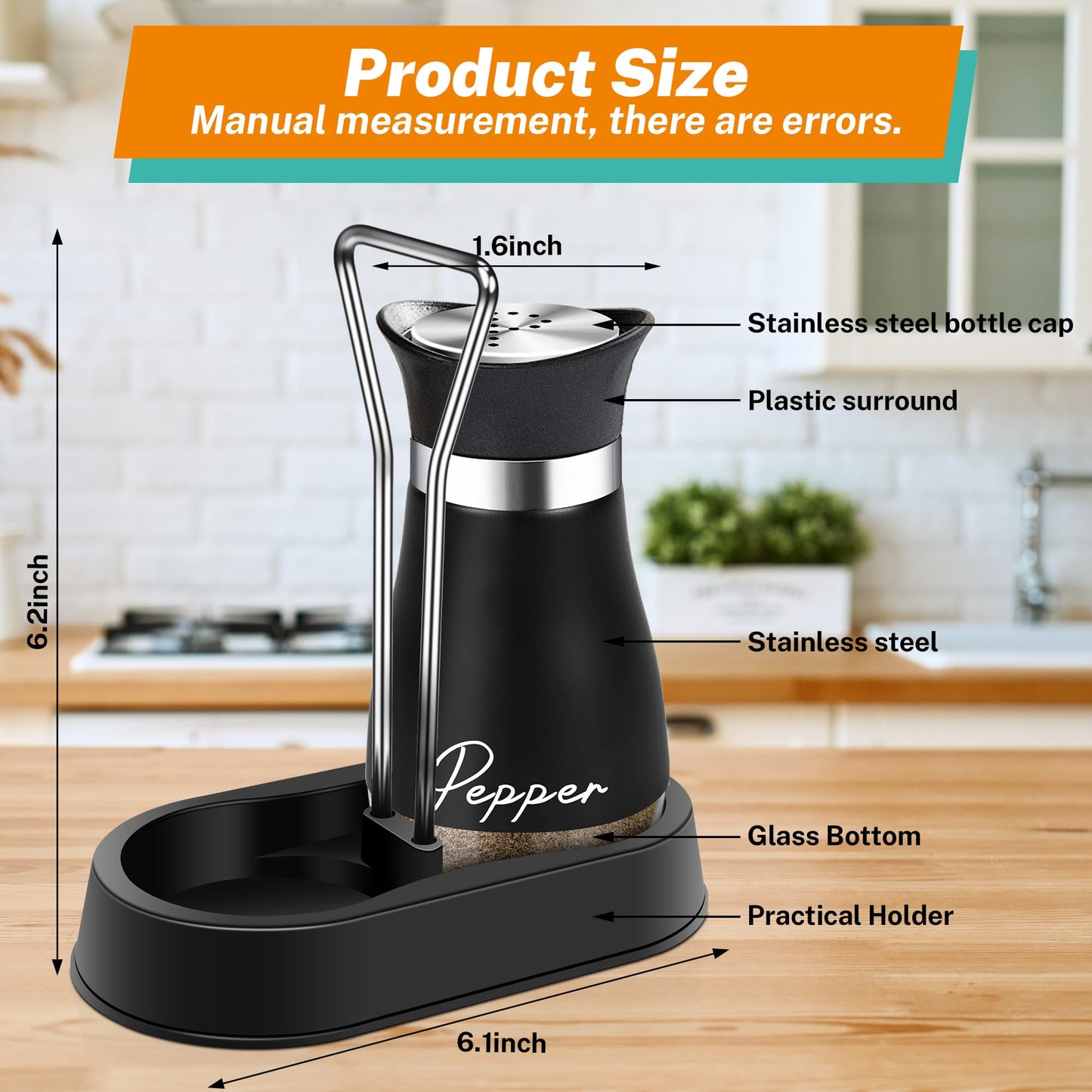 Salt and Pepper Shakers Set with Holder,4 oz Bottom Salt Shaker with Stainless Steel Lid for Kitchen Gadgets Cooking Table Housewarming Gift Christmas Decor Refillable Design (Black + White)