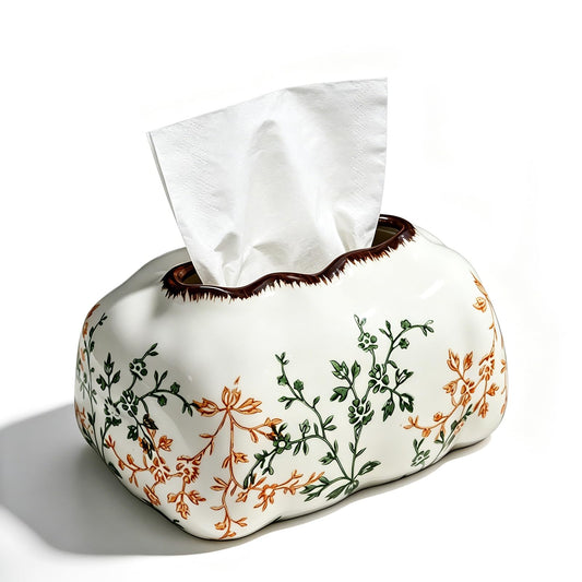 WBXZIXN Vintage Floral Ceramic Tissue Box Cover, Decorative Rectangle Tissue Box Holder, Retro Farmhouse Tissue Holder for Bathroom Vanity Countertop，Living Room，Bedroom or Office (Green and Beige)
