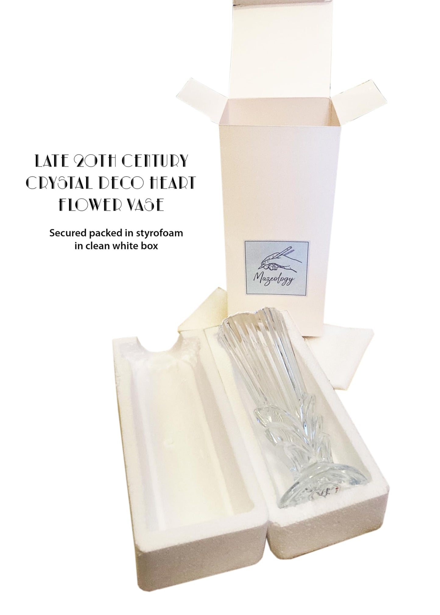 Crystal Deco Heart Flower Vase, Late 20th Century Style, 8 Inch Height, 7 Ounce Capacity, Clear Glass with Vertical Ridges
