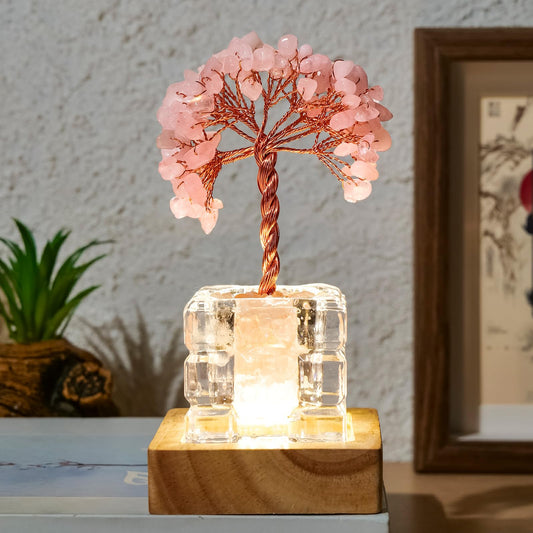 Runyangshi Rose Quartz Crystal Tree of Life Night Light, Feng Shui Money Tree, USB-Powered 3-Color Adjustable, Spiritual Healing Decor for bedrooms and Offices, Unique Gift for Women Mom Her