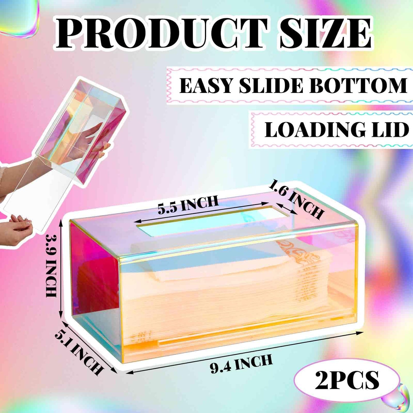 Layhit 2 Pcs Iridescent Tissue Box Acrylic 9.37 x 4.72 x 3.94 Inch Acrylic Clear Tissue Box Dispenser Cute Tissue Box Holder for Facial Napkins Bathroom Desks