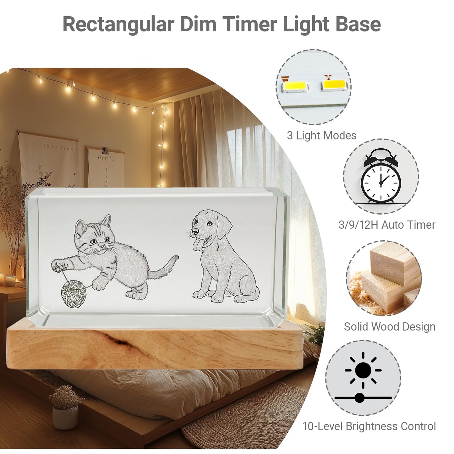 Bituulor Rectangle LED Light Base with Timer & Adjustable Brightness - Wood Display Stand for Glass Art,Crystal Display,6 inch