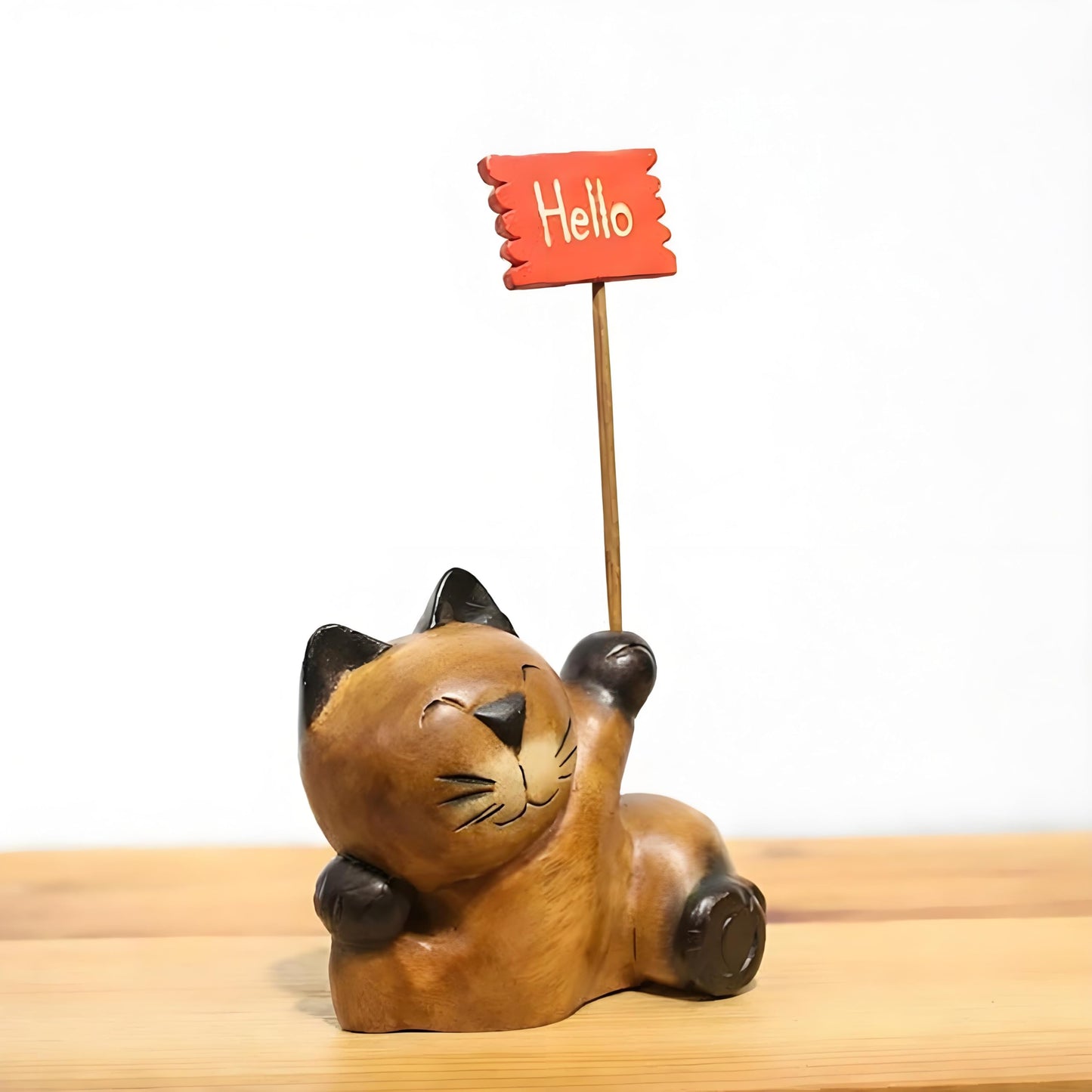 AHZGBL Wooden Cat Figurine, Hand Carved Solid Wood Cat Statue from Thailand, Handcrafted Home Decor for Living Rooms, Restaurants, Bars, Cafes, Whimsical Collectibles for Cat Lovers (Welcome Cat)