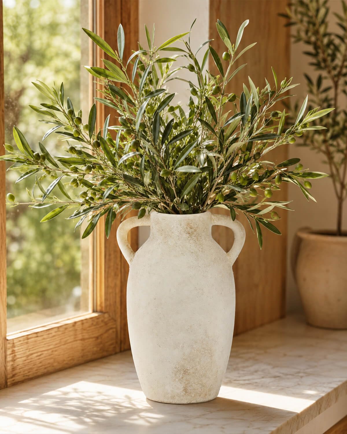 Ceramic Flower Vase Home Decor – 9.8 Inch Pottery Rustic Farmhouse Decorative Vase with Handles for Table Centerpiece, Shelf & Mantel, Beige