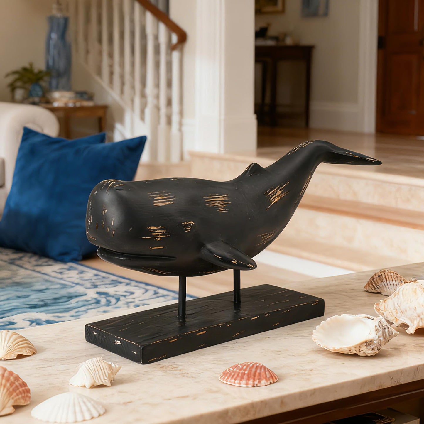 Guichifun Whale Statue Home Decor Accents - Resin Black Distressed Finish Farmhouse Ocean Whale Figurine Desk Decor for Living Room Office Shelf Marine Themed Decorations Gift 16.5 x 7.2 x 8.6 Inch