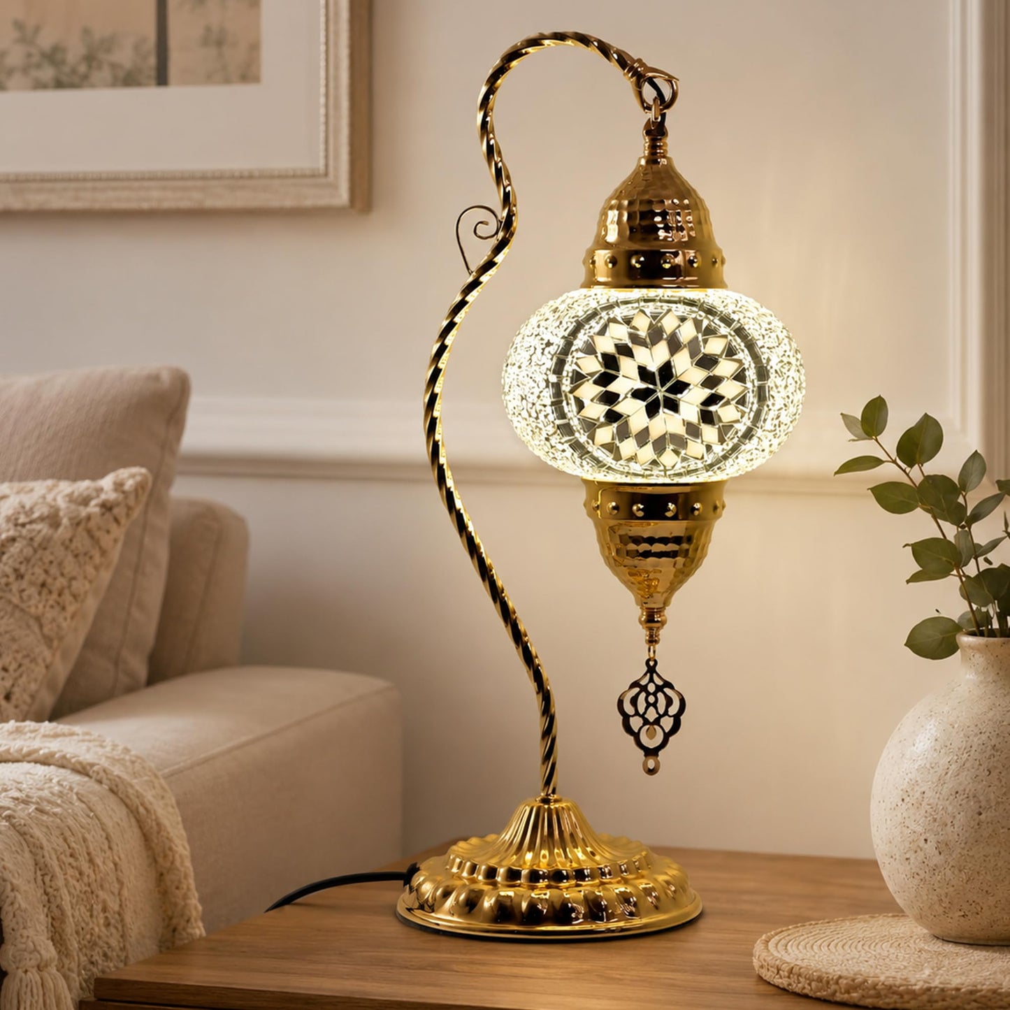 GOGERS Turkish Mosaic Table Lamp, Moroccan Style Swan Neck Bedside Lamp with Handmade Glass Shade, LED Bulb Included, Warm Ambient Decorative Accent Lamp for Bedroom, Living Room, Nightstand (White)
