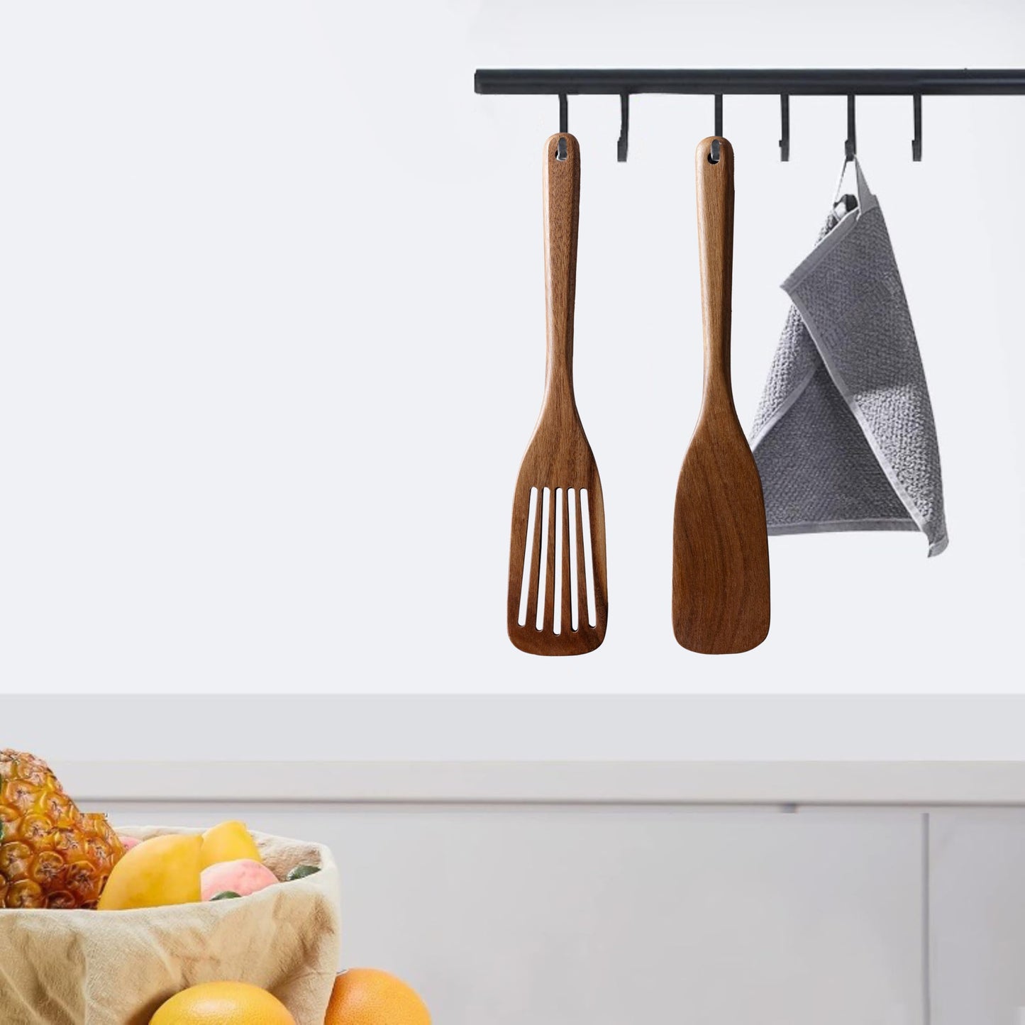 Wooden Spatulas & Spurtle Sets of 2, 13.25" Durable Flat Turner and Slotted Spatula for Nonstick Cookware, Long Handle Natural Acacia Wooden Cooking Utensils, Kitchen Utensils Set for Cooking