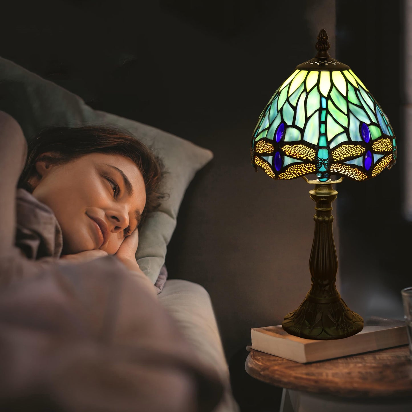 KALOUFUL Small Tiffany Lamp 3 Color Temperature Blue Dragonfly Stained Glass Table Lamps 7X7X14 Inch Bedside Nightstand Night Light Desk Office Light for Living Room Bedroom W/LED E12 Bulb