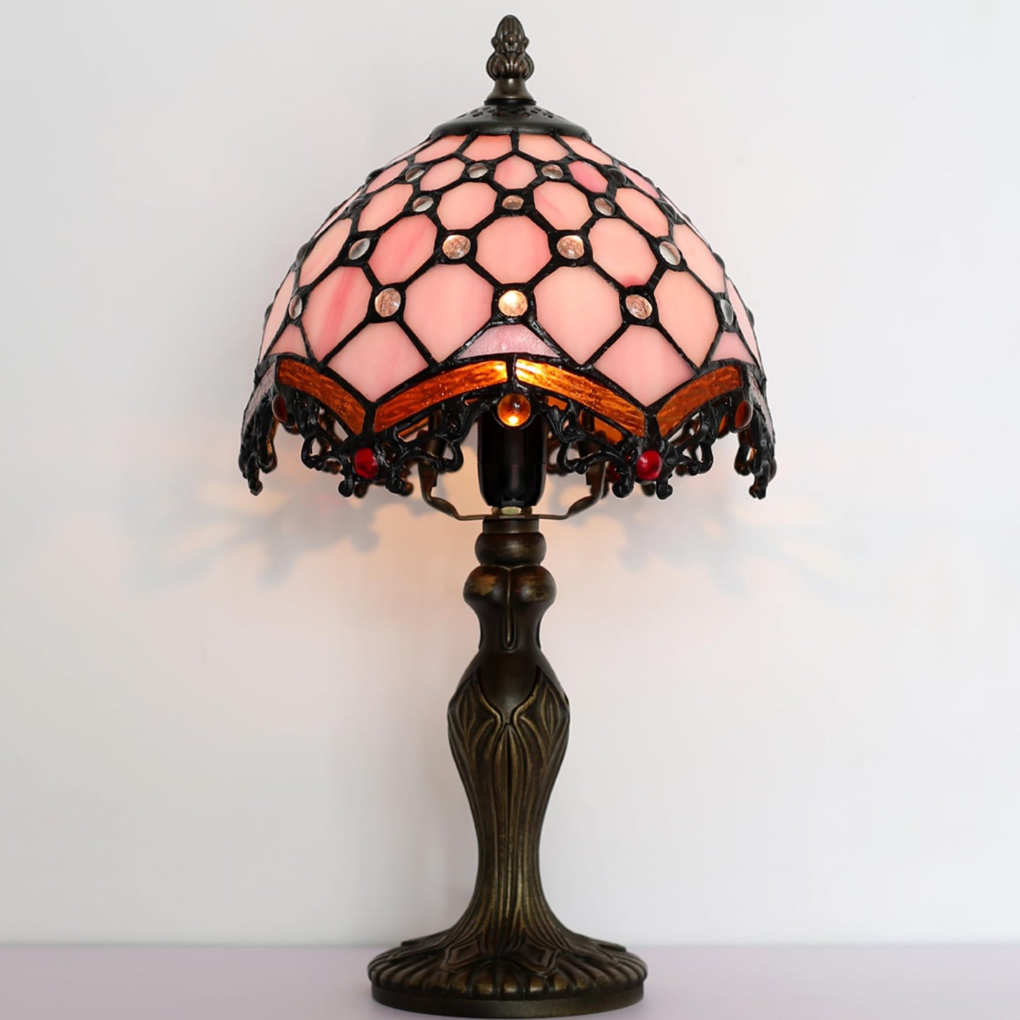 LUSTIX Small Tiffany Table Lamp Stained Glass Memory Lamp Pink Pearl Style