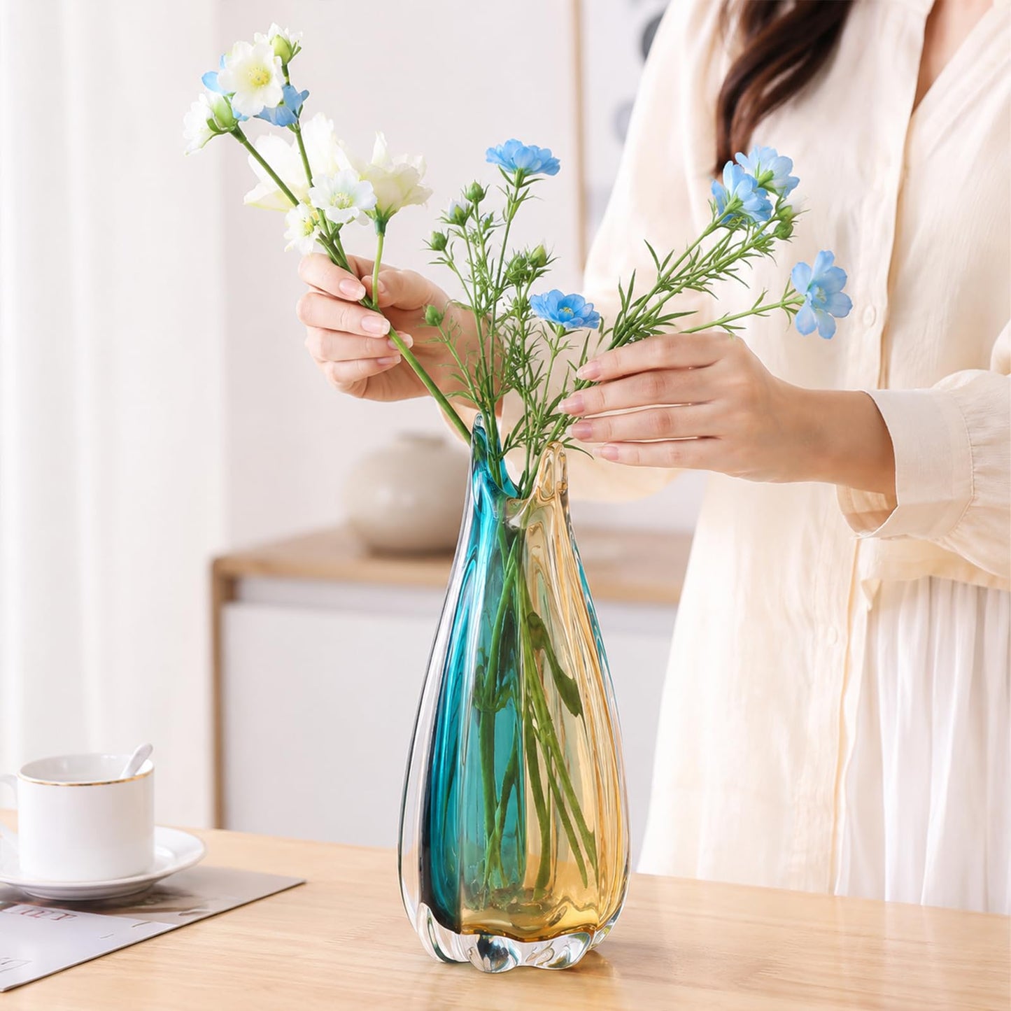 Hand Blown Glass Vase, Medium Wide Mouth Flower Vase Unique Modern Turquoise Glass Art Decor, Nonbreakable Vases for Table Centerpieces Living Room Decorative Amber and Teal Vase