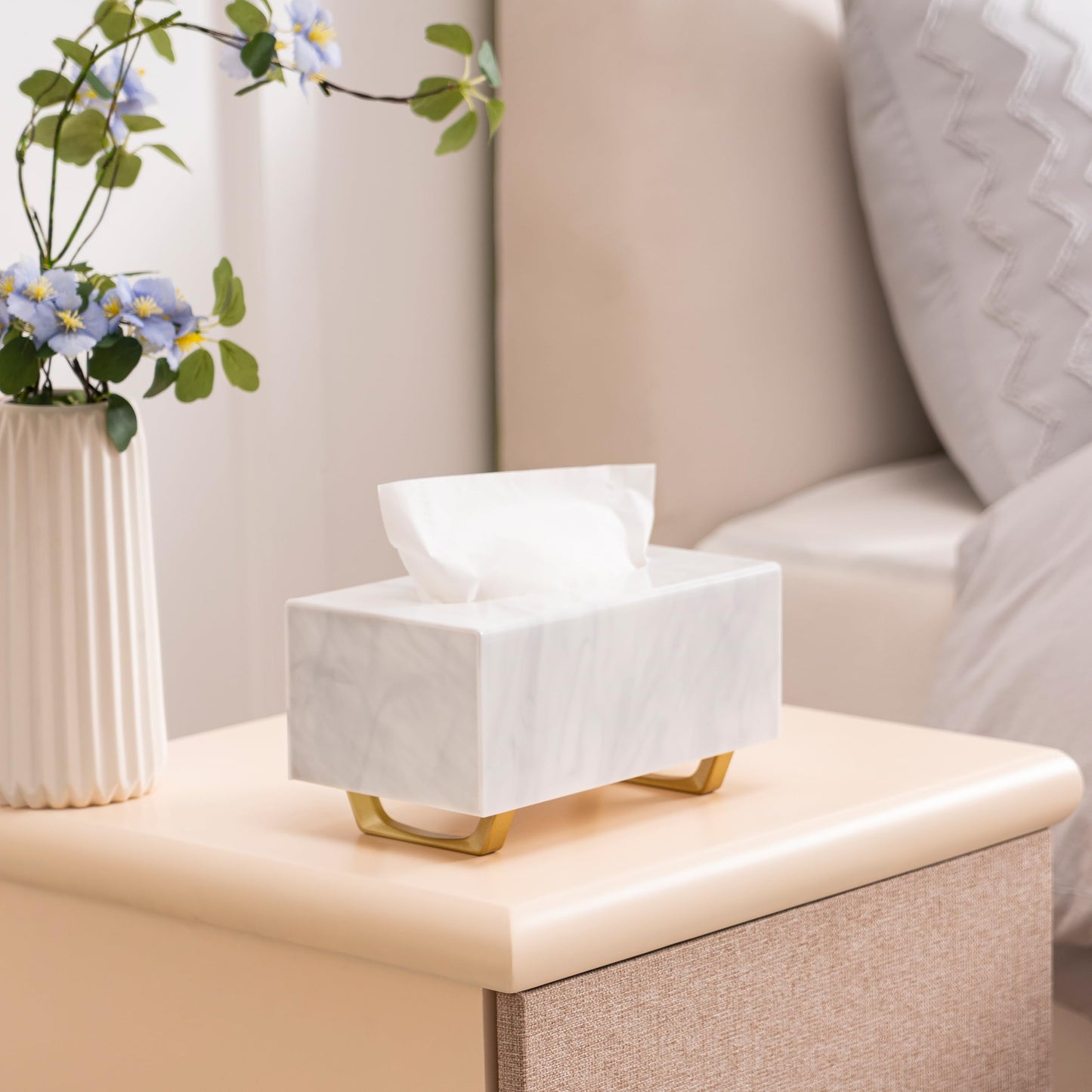 HBlife Tissue Box Cover Rectangle Acrylic Tissue Box Holder with Gold Plated Legs Napkin Dispenser Dryer Sheet Container for Bathroom, Marble White