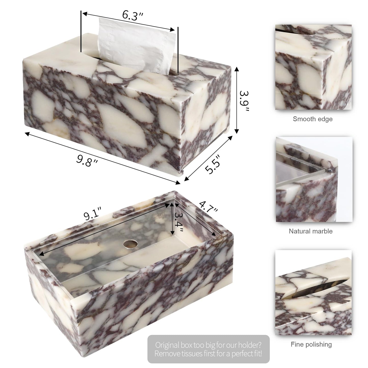 Noble and Light Luxury Natural Travertine Marble Household Tissue Box for Bathroom | Office | Desk | countertop | Vanity | Bedroom | Bedside Table |Calacatta Viola