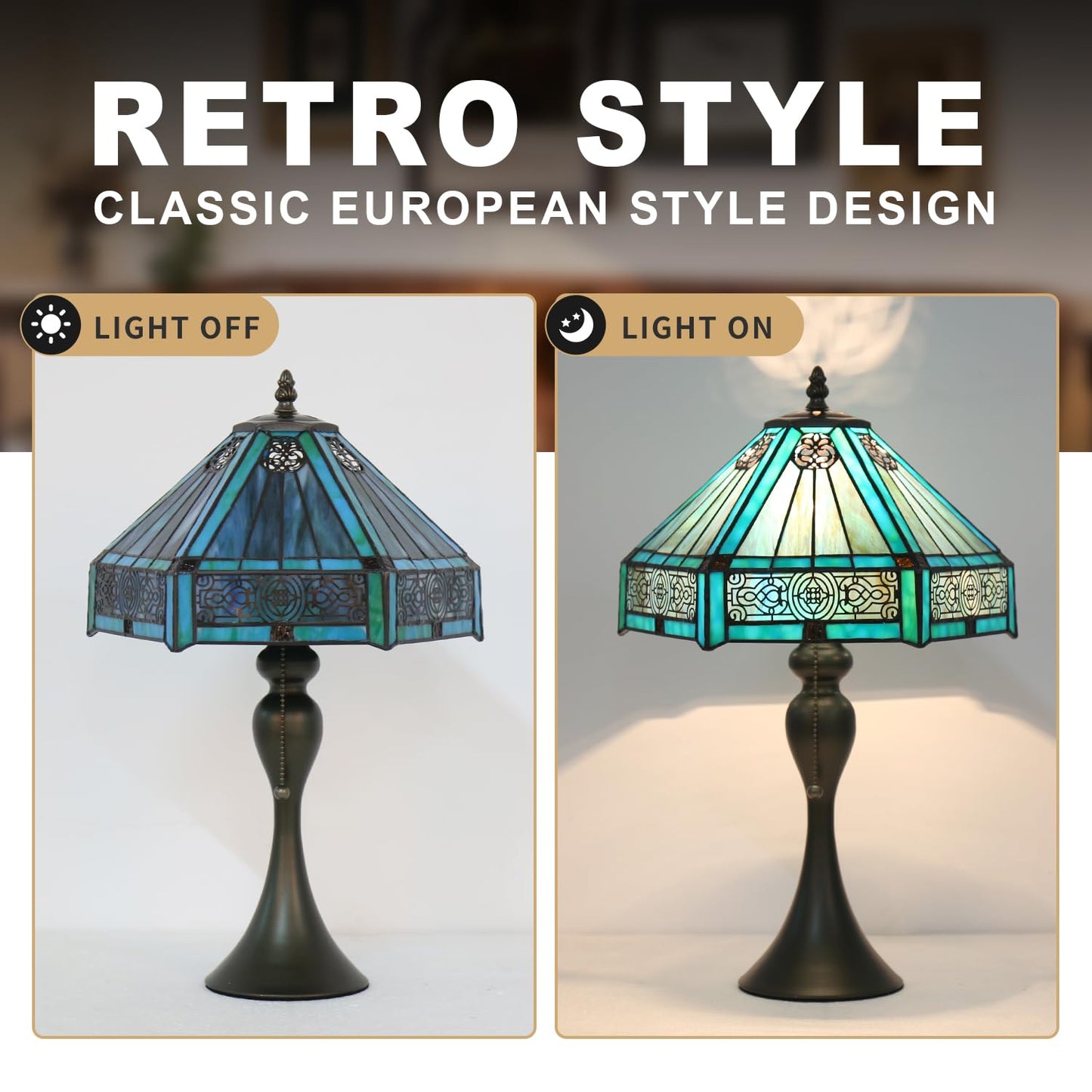TFNALNB Tiffany Style Table Lamp, Stained Glass Lamp, 12x12x19 Inch, Vintage Metal Base Desk Light,（Green）