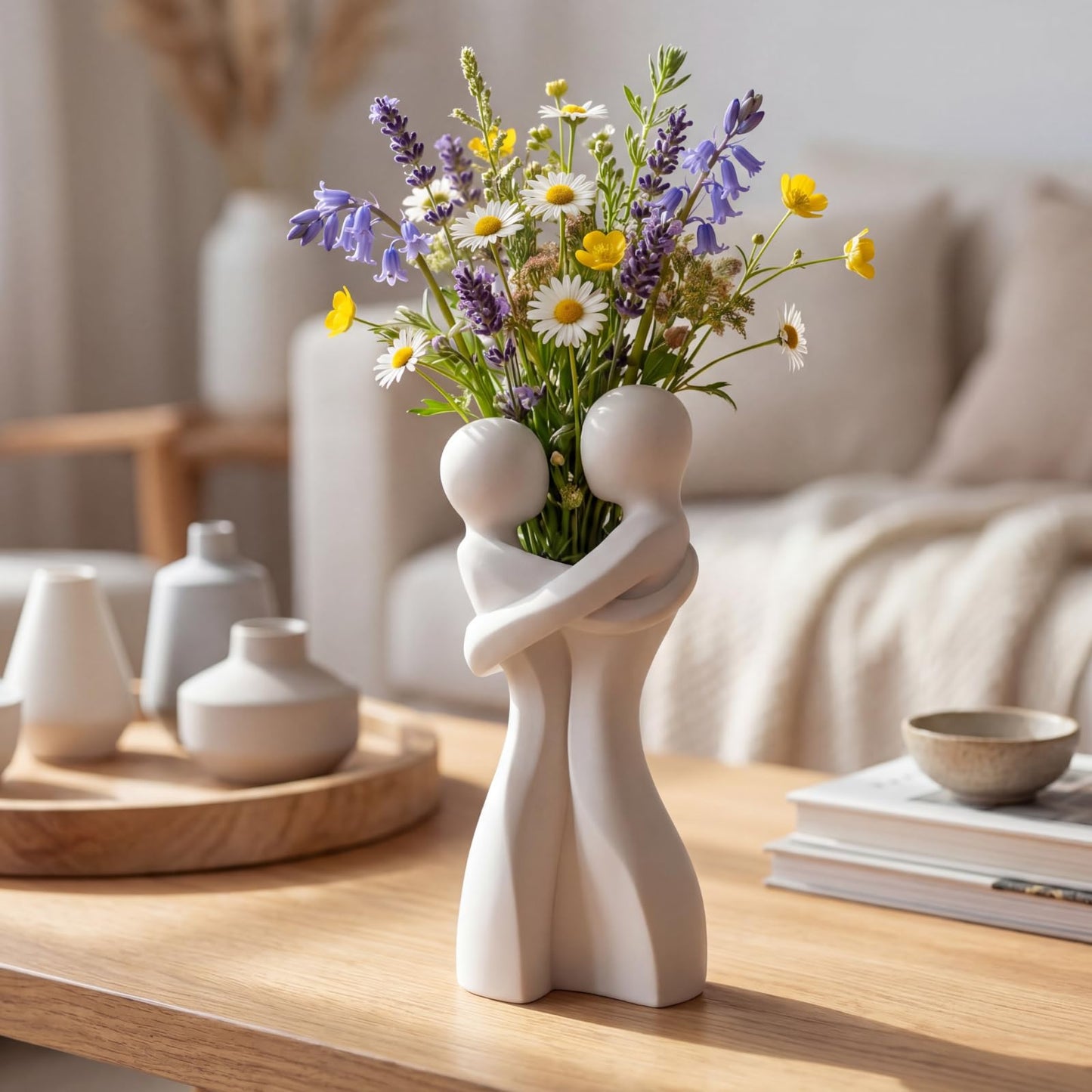 Thenshop 8 Inch Ceramic Unique Flower Vase Modern Loving Embrace Vase Abstract Modern Art for Flower White Cute Table Centerpiece for Home Office Bedroom Wedding Decoration
