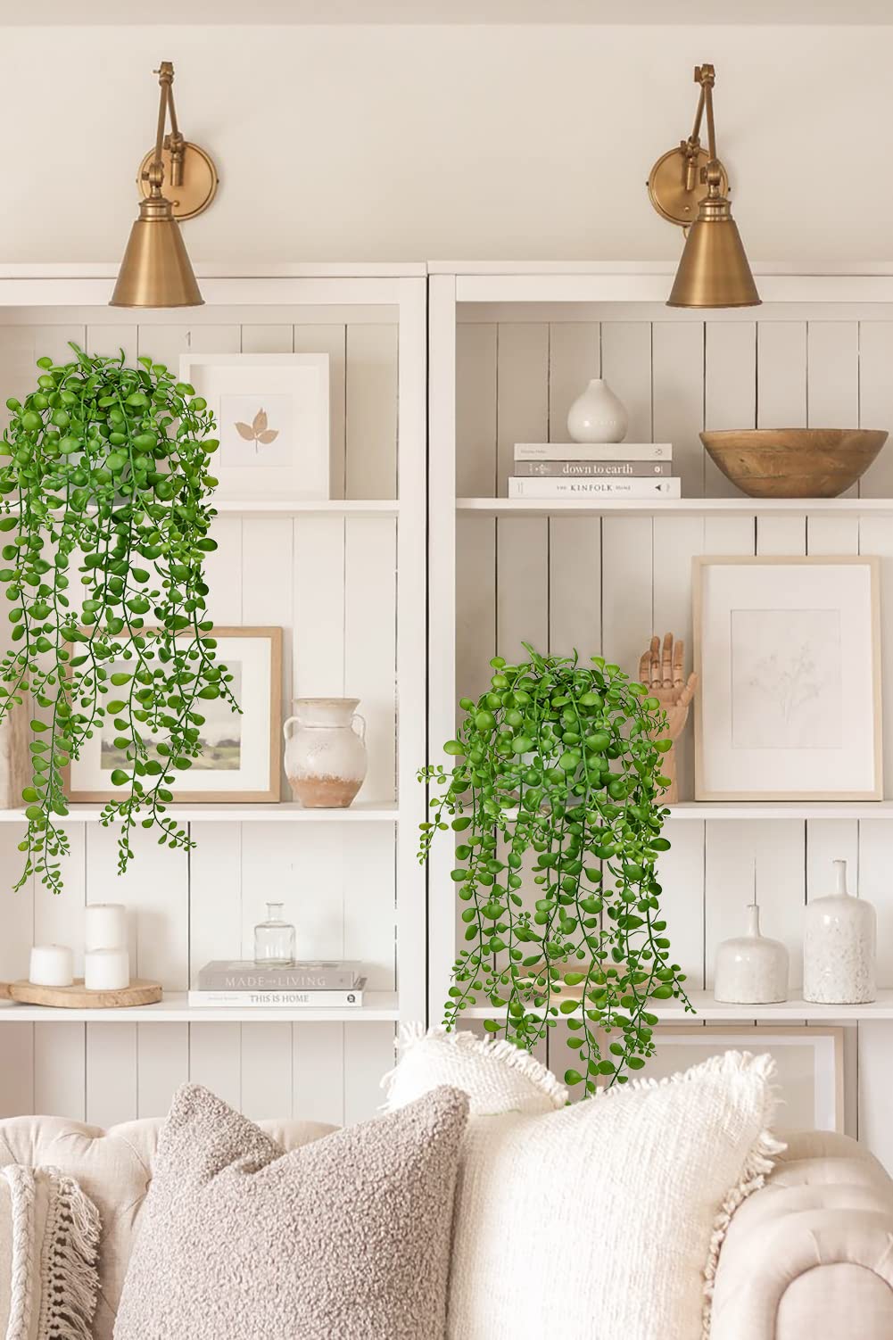 Fake Hanging Plant Large Artificial Hanging Plants 21” Long Hanging Plants Artificial Decor with White Ceramic Pot Faux Hanging Plant Succulents for Home Bedroom Bathroom Wall Table Shelf Decor