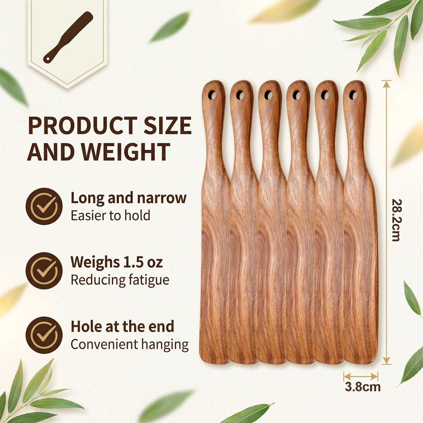 DADERXY 6 Pack Spurtle for Sourdough Starter, 11 Inch Wooden Spurtles Spatula for Deep Containers, Sourdough Stir Stick for Baking Cooking