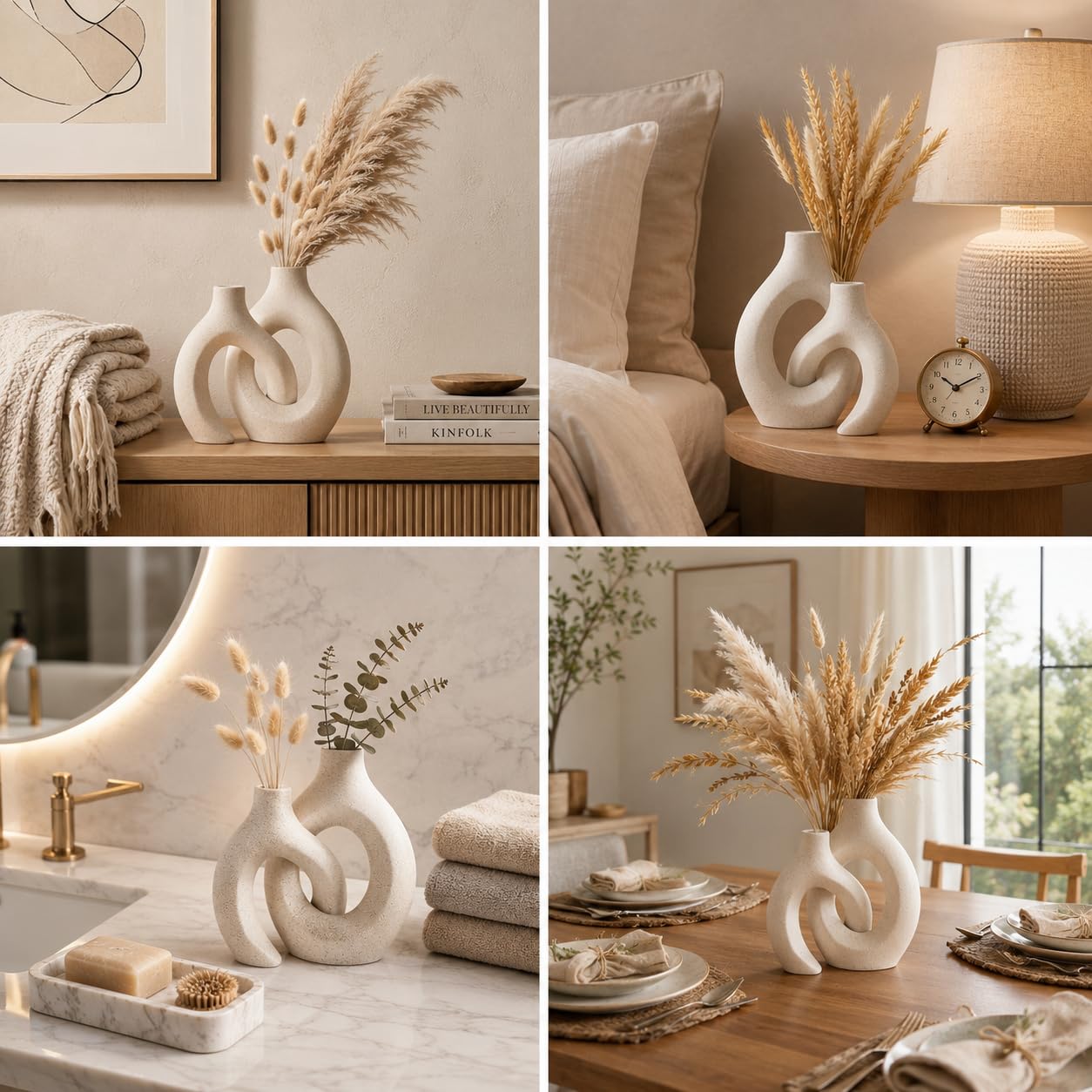 Betiura Ceramic Donut Vase Set of 2, Beige Hollow Decorative Flower Vase, Modern Nordic Boho Home Decor for Living Room, Coffee Table, Shelf, Entryway Table, Centerpiece