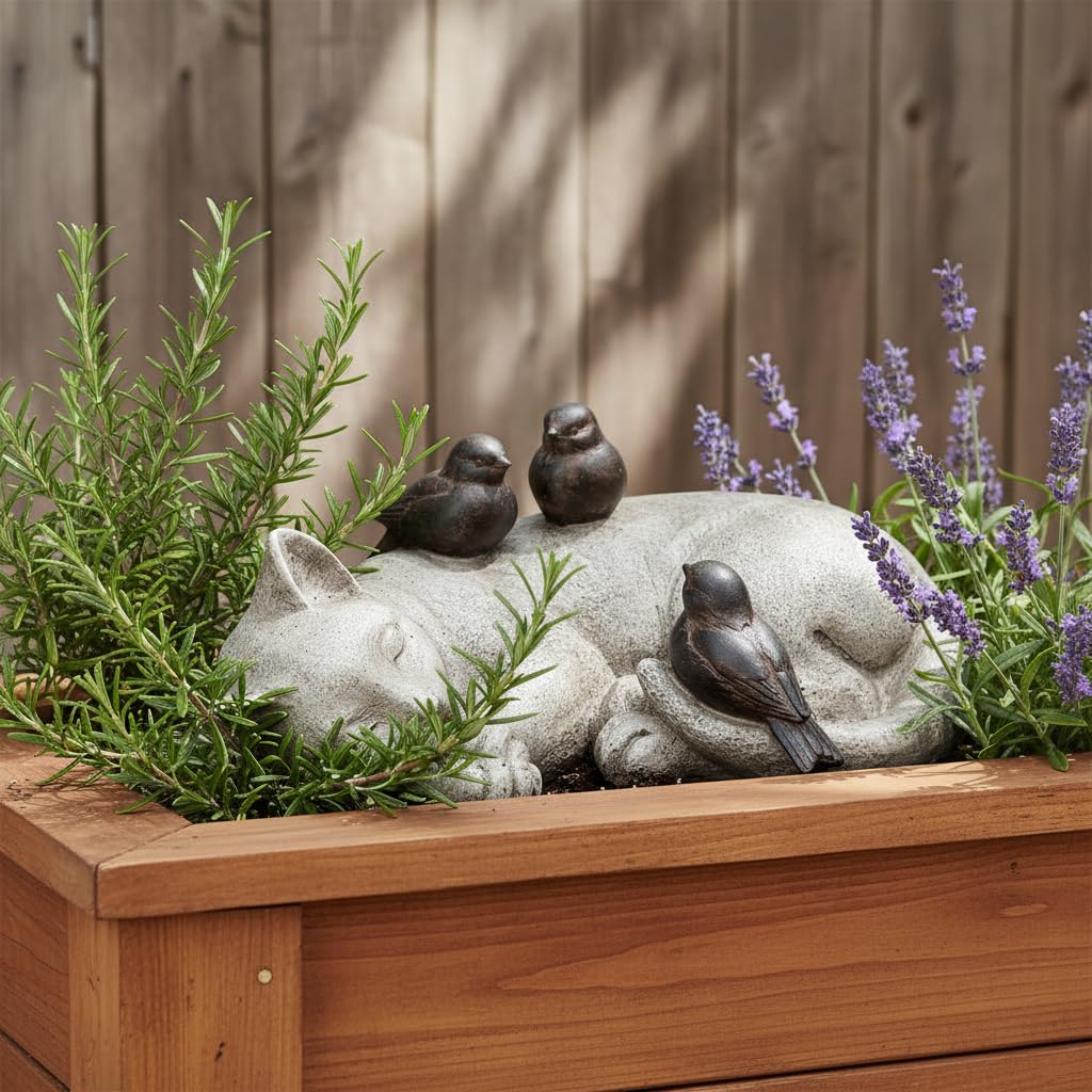 Comfy Hour 4.7" Sleeping Cat with Sparrows Garden Statue, Stone Look Cat Memorial Accent for Outdoor Indoor, Unique Cat Lover Present for Women, Sympathy Pet Remembrance Figurine, 1 Unit