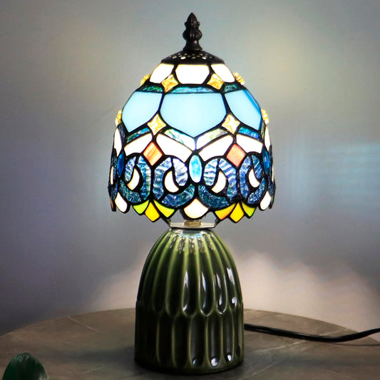 HTDSC Tiffany Stained Glass Table Lamp Blue Crystal Baroque 12.5 Inch