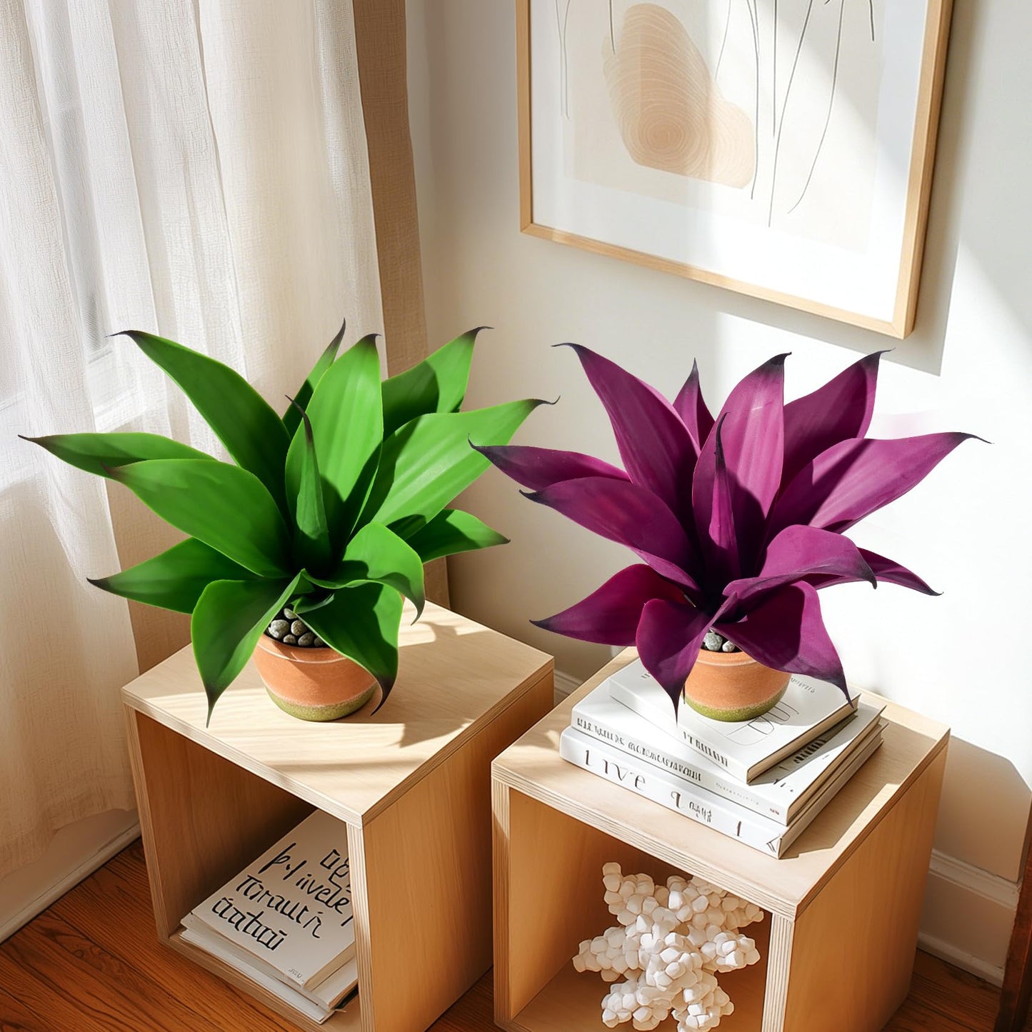 Afcvkc 2 Set Real Touch Artificial Agave Plants, Lifelike Faux Succulent in Pot Desk Table Snake Plant Indoor Decor for Living Room Bathroom Shelf Office (Green+Purple)
