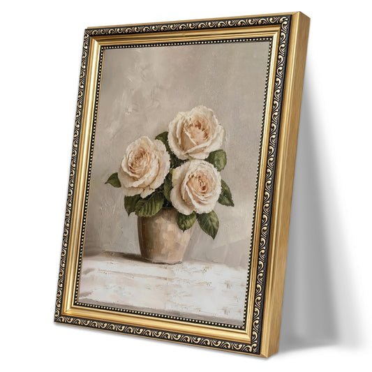 Vintage White Hydrangea Rose Vase Framed Wall Art Floral Still Life Thick Impasto Canvas Print Antique Cream Flower Oil Painting Shabby Chic for Living Room Bedroom Kitchen Home Office Gallery Wall Decor Gift for Art Lovers Friends New Homeowners 12x16 In