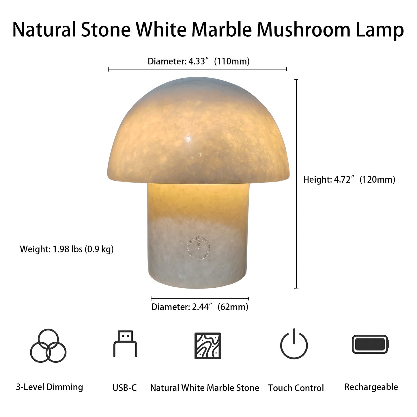 Rechargeable Mushroom Night Light - Dimmable Natural Marble Stone Table Lamp, LED Touch Light for Bedside, Meditation, Entryway, Gift Idea