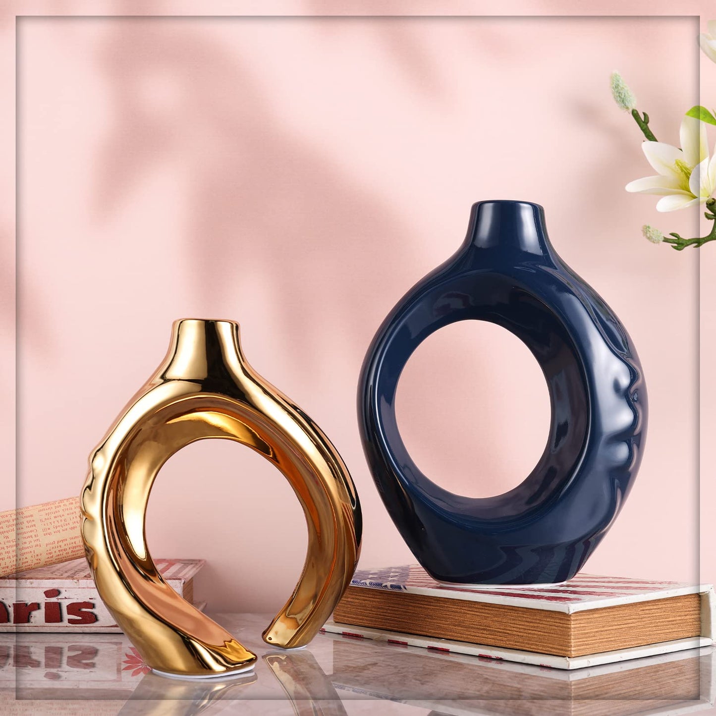 oliruim Navy Blue Home Decor Ceramic Vase, Navy Blue Gold Round Vase with Holes Set of 2, Suitable for Wedding Entrance Decoration, Bookshelf, Mantel, Unique Home Decor (Blue Gold)