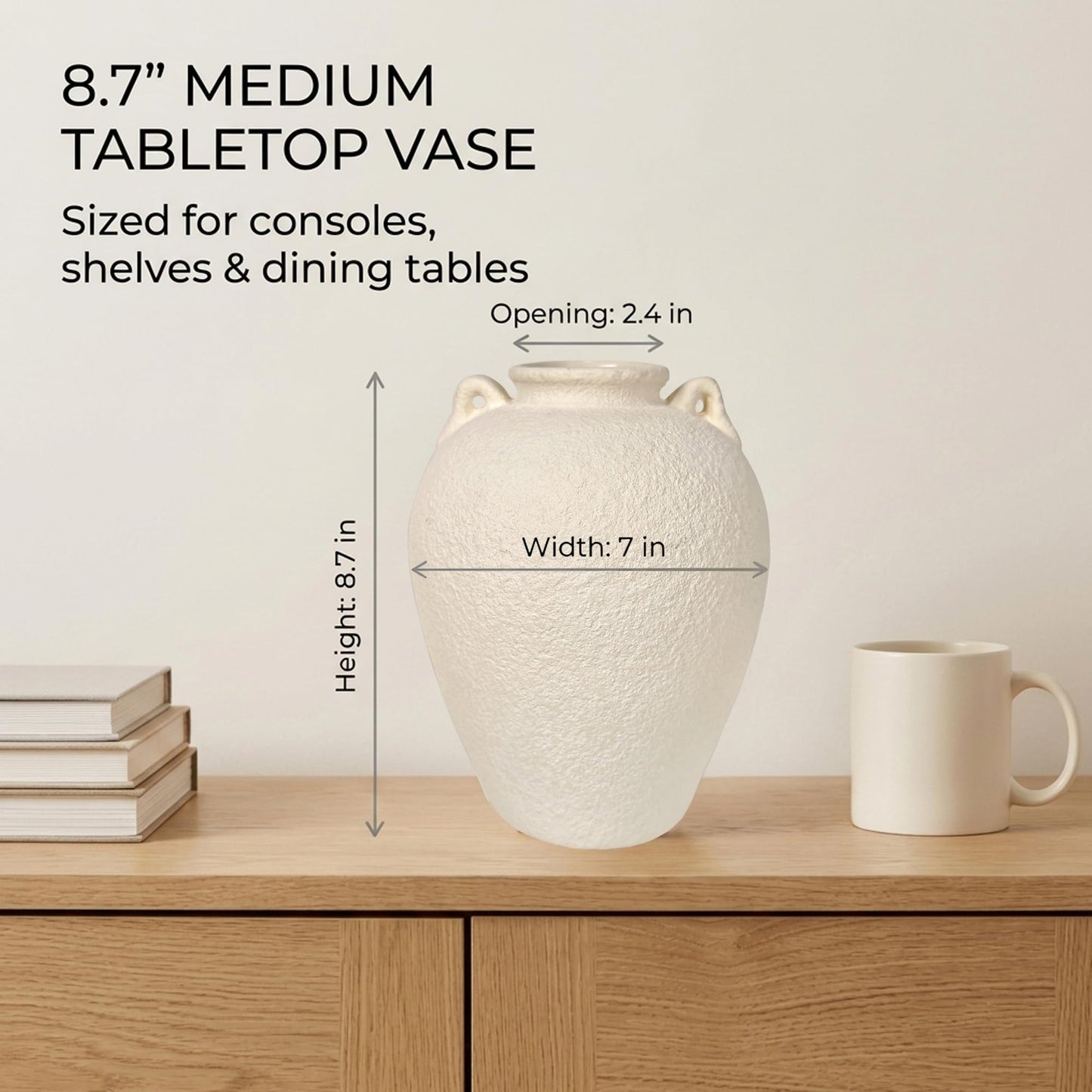 LKKMINIEN 8.7" White Ceramic Vase with Handles, Textured Stone Decor
