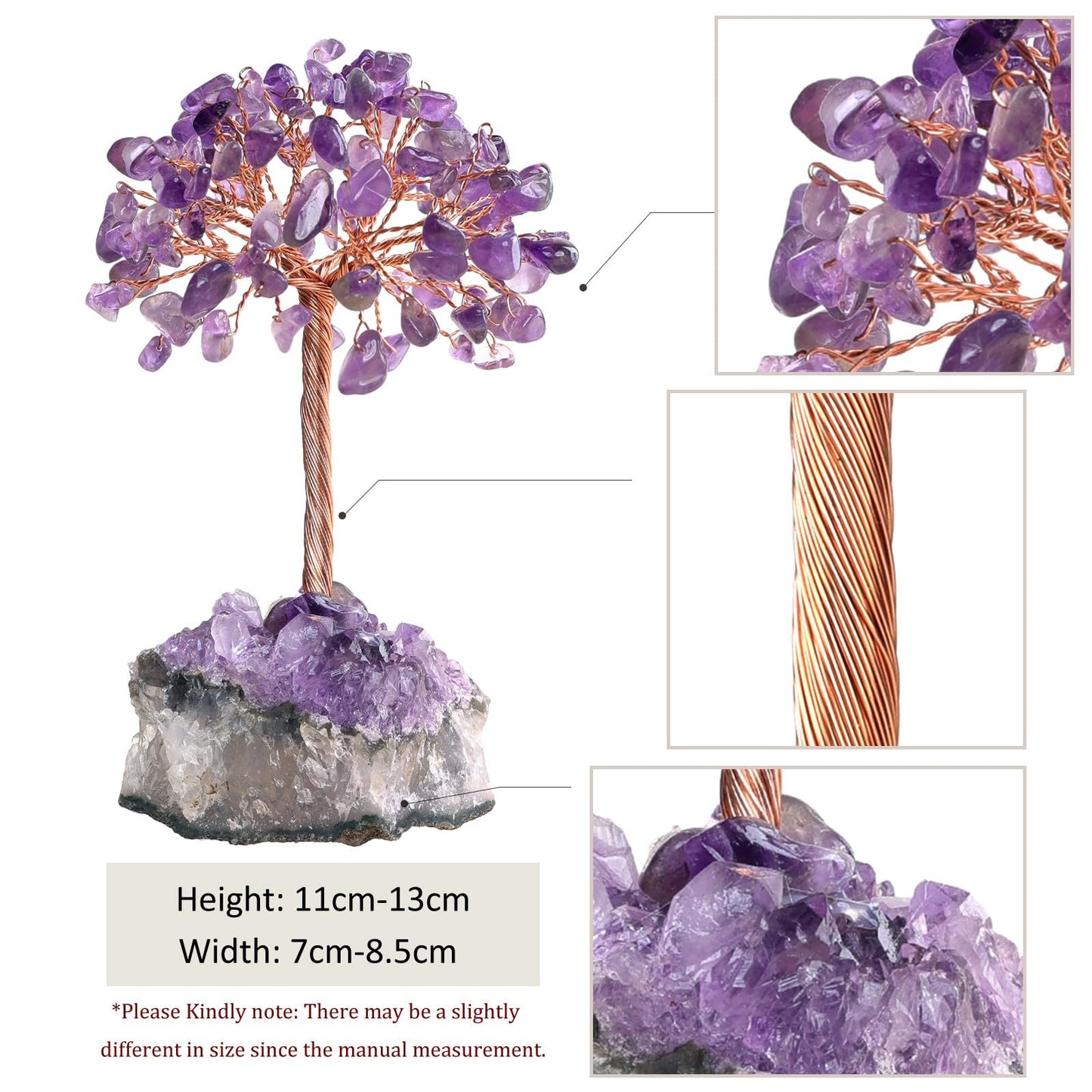 SUNYIK Natural Amethyst Crystal Tree on Amethyst Crystal Cluster Base Wire Wrapped Chip Stones Bonsai Money Tree Home Office Decor for Good Luck Wealth
