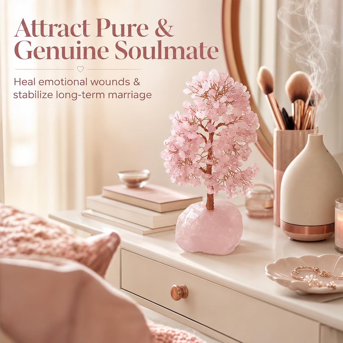 Fatonio Natural Rose Quartz Crystal Tree with Raw Rose Quartz Base