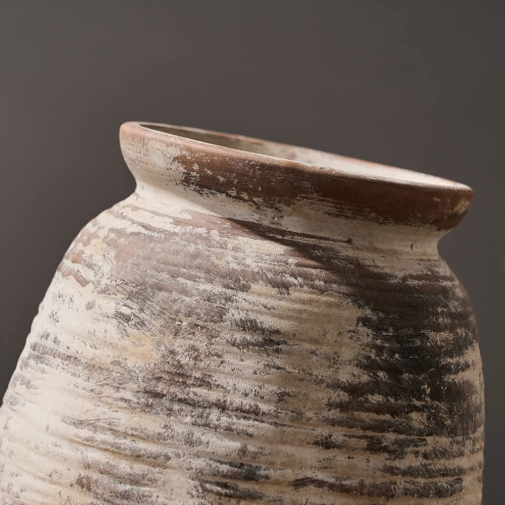 SIDUCAL Ceramic Rustic Vase, Whitewashed Terra Cotta Vase, Distressed Farmhouse Décor, Pottery Decorative Flower for Home Decor, Table, Living Room Decor, Shelf, Mantel, 7.3 Inch, Fired Terra Clay