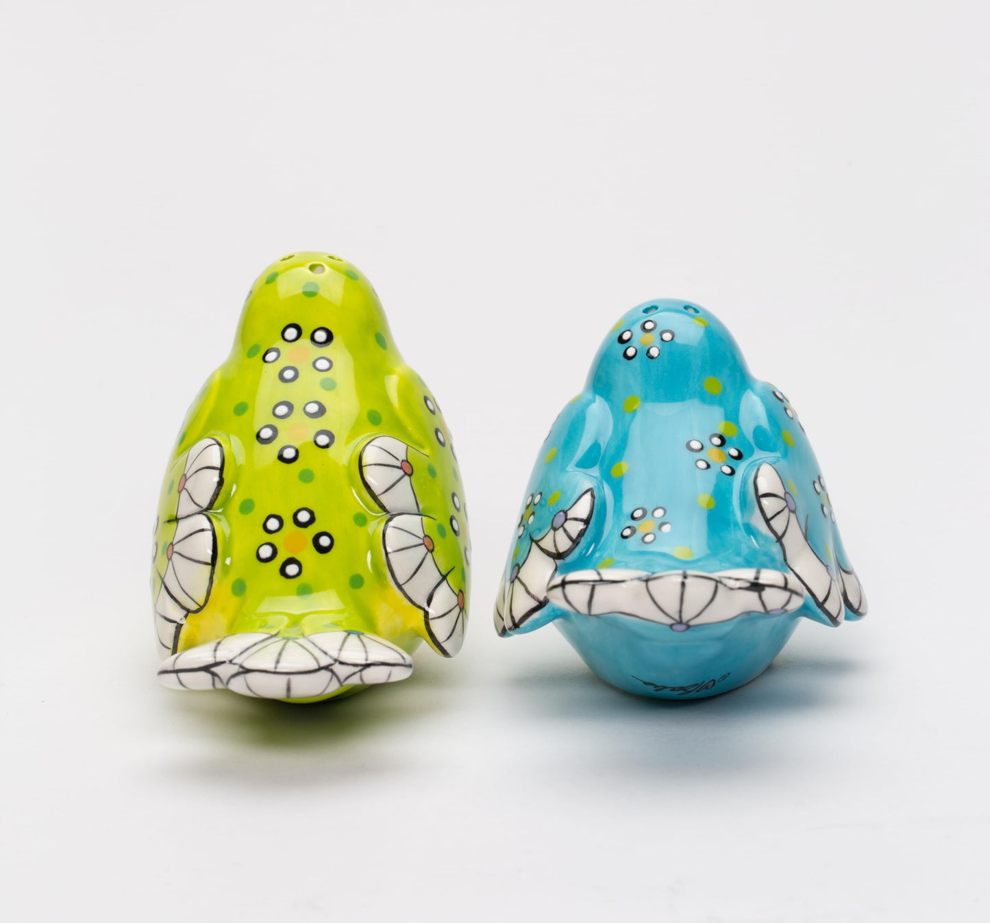 Fine Ceramic Flight of Fancy Hand Painted Blue and Green Love Birds Salt & Pepper Shakers Set, 3-3/8" L