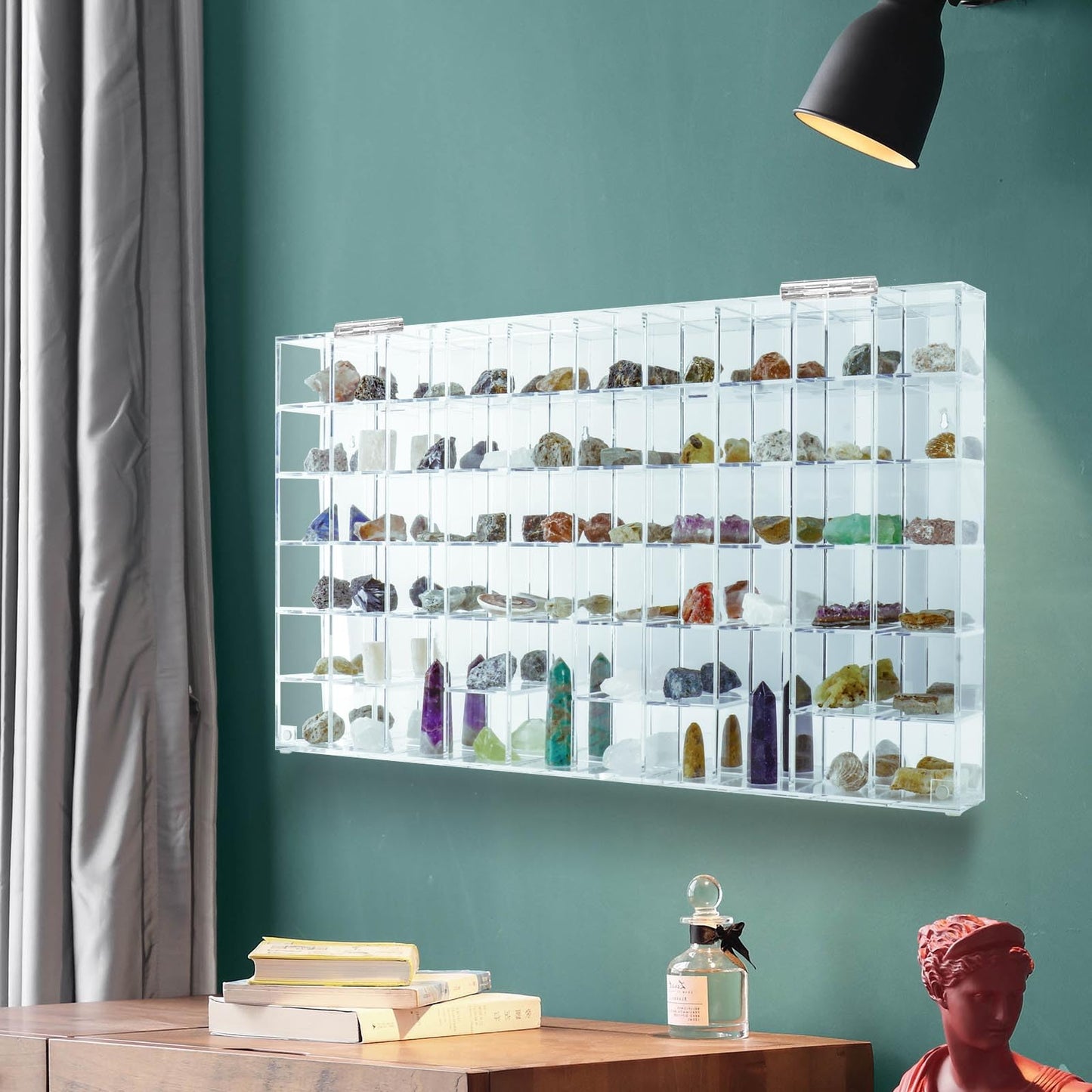 Adjustable Seashell Display Case Box Large Rock Fossil Arrowhead Display Case Crystal Organizer Clear Wall Mounted & Desktop 60 Room Shadow Box for Mini Pop Figure, Collectibles, with Mirrored & Lid…