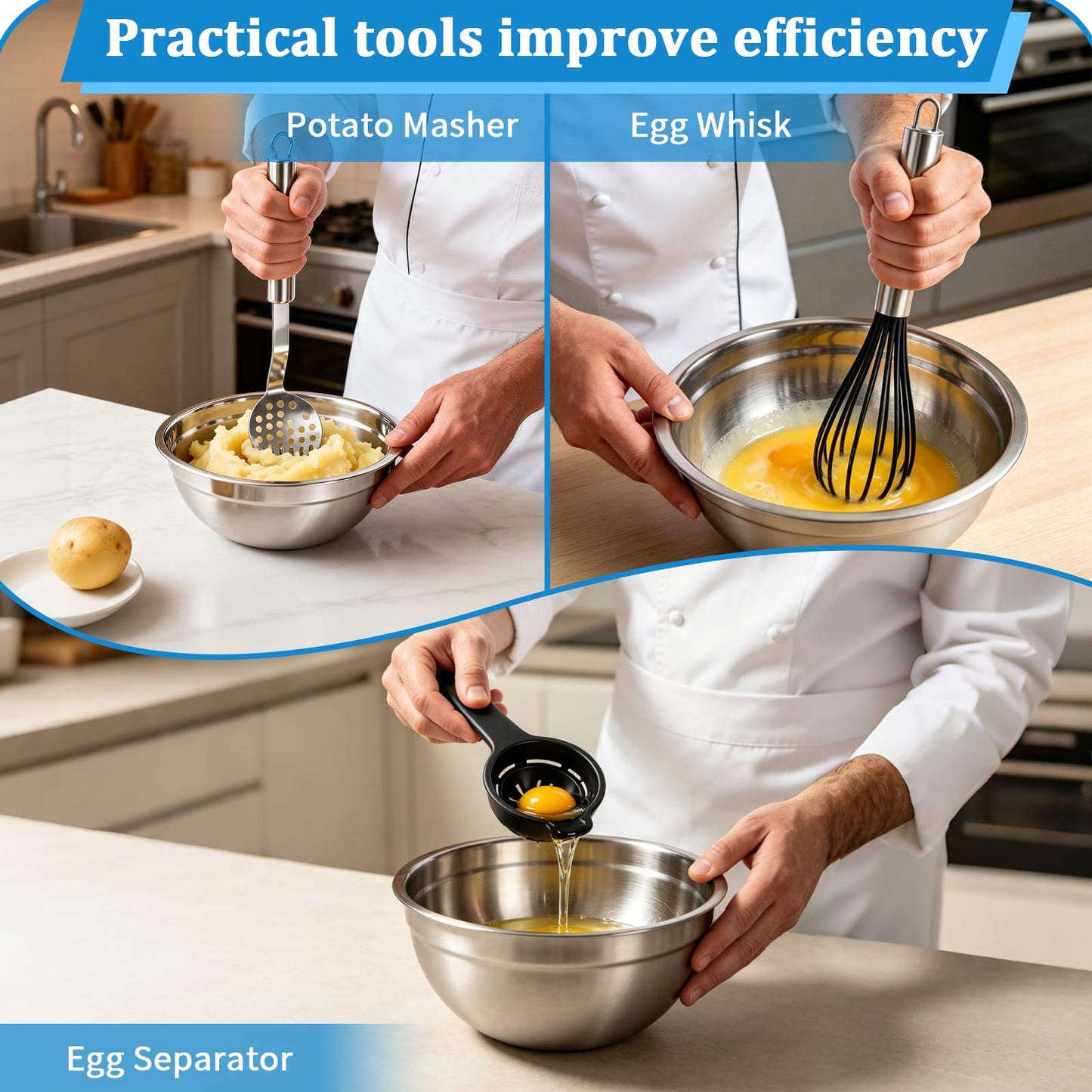 Mixing Bowls Set-9 Pcs Stainless Steel Mixing Bowls with Lid, Grater, Colander, Egg Whisk and Separator, Multipurpose Kitchen Metal Bowls for Mixing, Preping, Serving, Size 6.3, 4.3, 3.6, 2.9QT