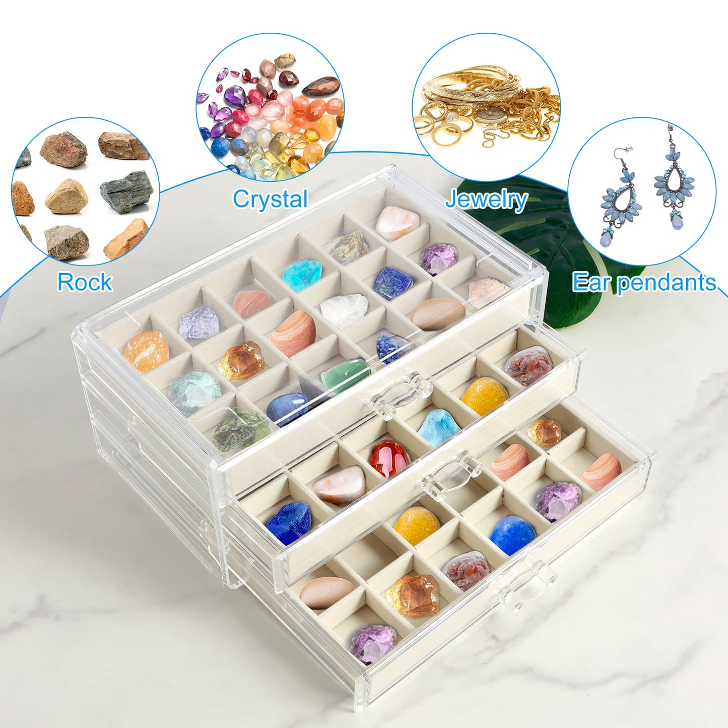 54 Grid Rock Collection Display Case for Kids, 3-Layer Acrylic Mineral & Crystal Storage Box, Velvet Gemstone Organizer Showcase, Ideal Geology Gift for Boys & Girls