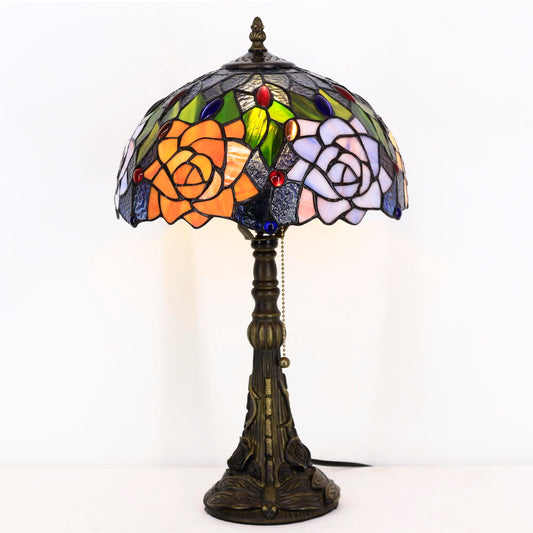 ANYONGLU Tiffany Lamp Stained Glass Table Lamp 12X12X19 Inch Resin Base for Desk Bedroom Living Room Reading Light(Purple Orange Rose Flower)