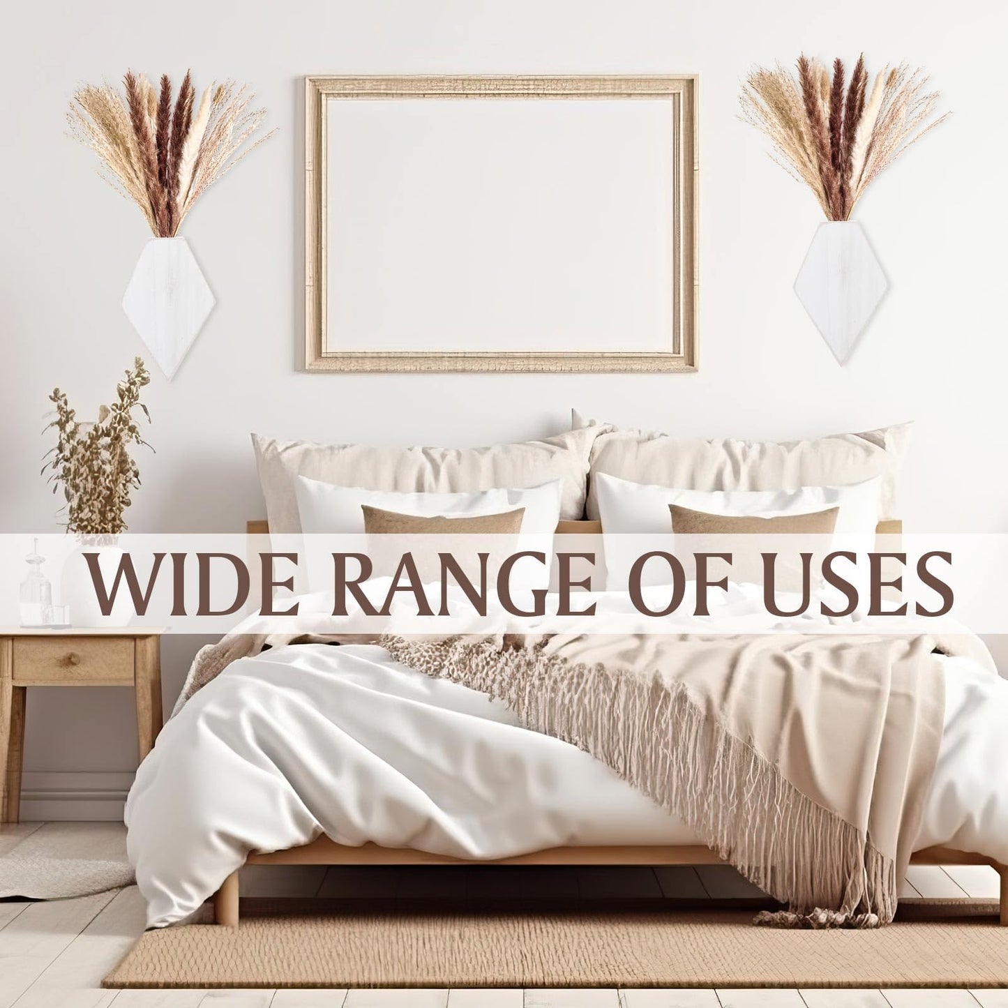Fiwochic 2 Pcs Bohemian Wooden Wall Planter Set with Pampas Grass Modern Farmhouse Wall Decor for Living Room, Bathroom, Bedroom, Office(White Distressed,Regular Style)
